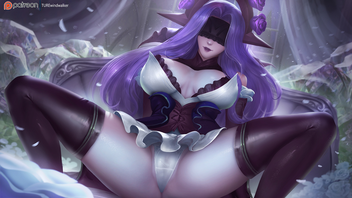 blindfold, breasts, crystal rose series, female, large breasts, league of legends, panties, purple hair, riot games, sitting, spread legs, syndra, tagme, thighhighs, veil, white panties, windwalker, withered rose syndra
