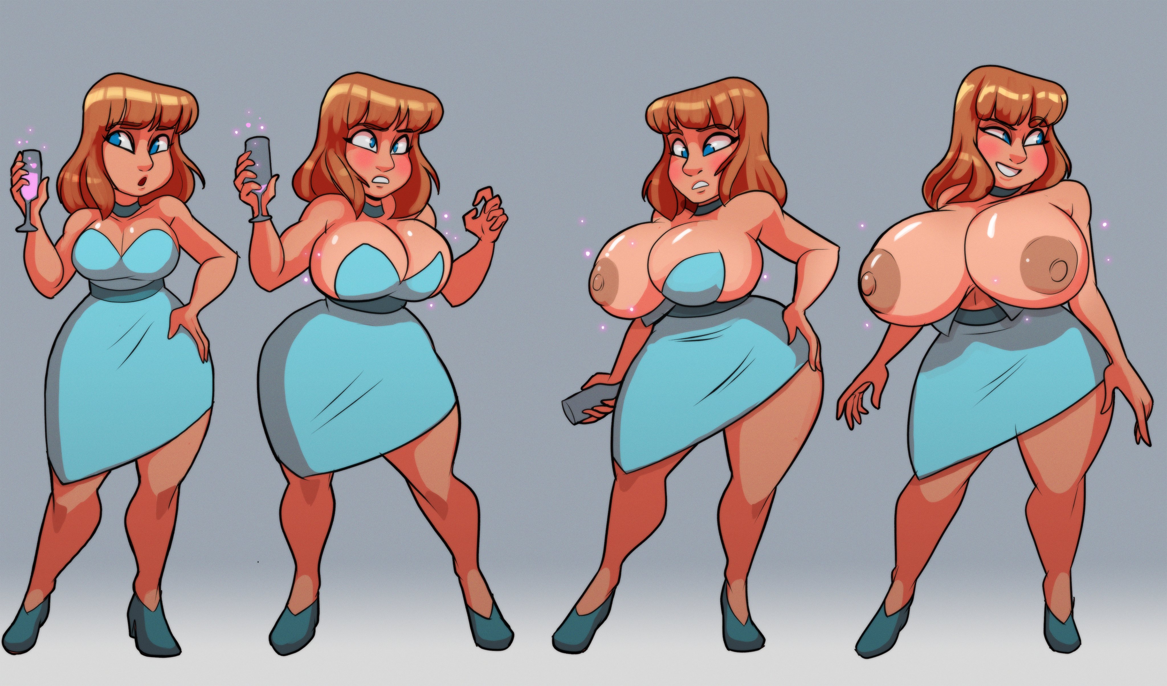 1girls, blue dress, breast expansion, breast growth, breast growth (enlargement), breasts, commission, female, huge breasts, nipple slip, nipples, original, original character, sequence, solo, solo female, trina biggs