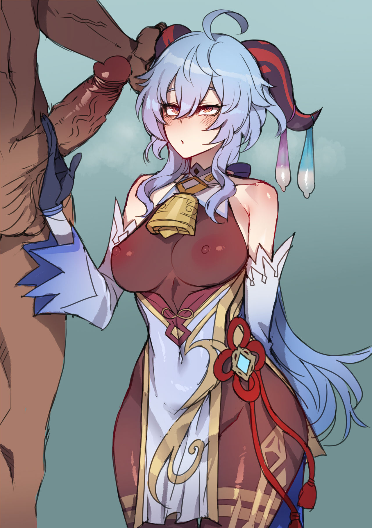 big breasts, big penis, black skin, breasts, condom, dark skin, dark-skinned male, female, female focus, ganyu (genshin impact), genshin impact, horn, light blue hair, male, nude male clothed female, penis, ratatatat74, red horns, uncensored, used condom