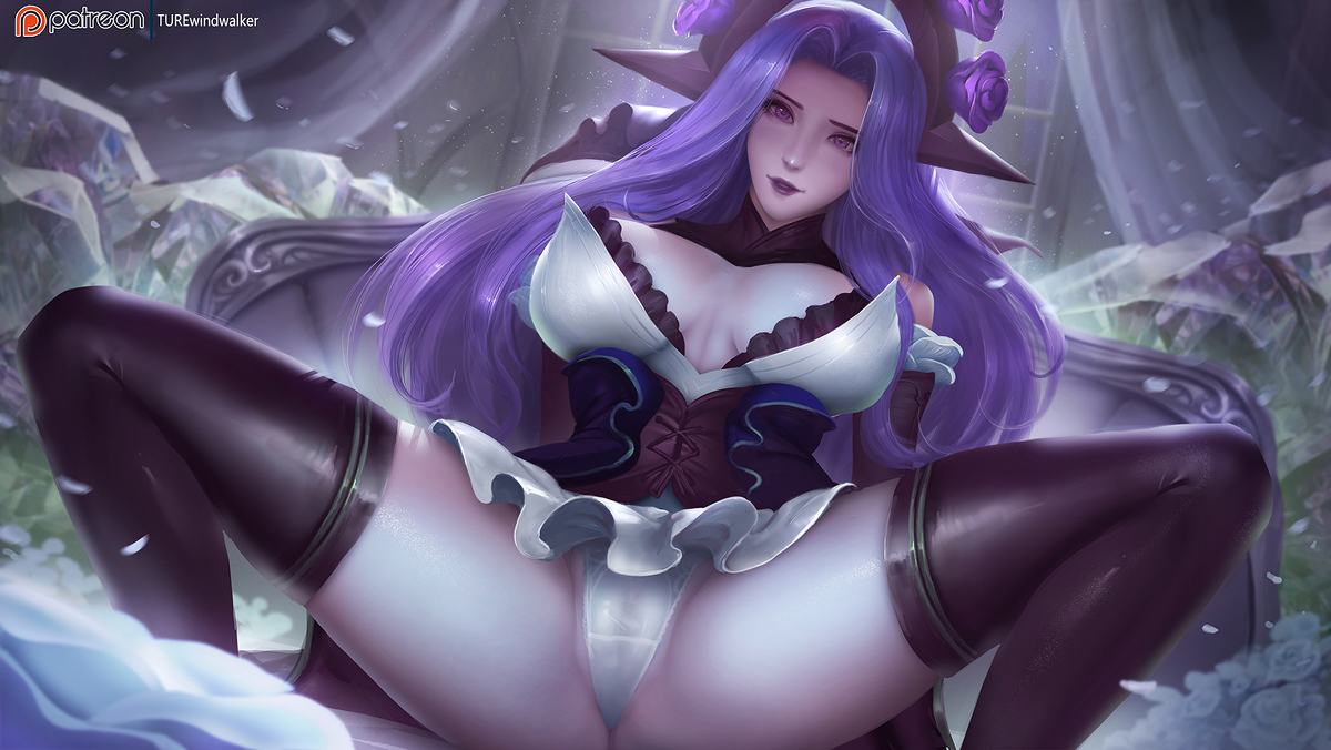 breasts, crystal rose series, female, large breasts, league of legends, panties, purple eyes, purple hair, riot games, sitting, spread legs, syndra, tagme, thighhighs, white panties, windwalker, withered rose syndra