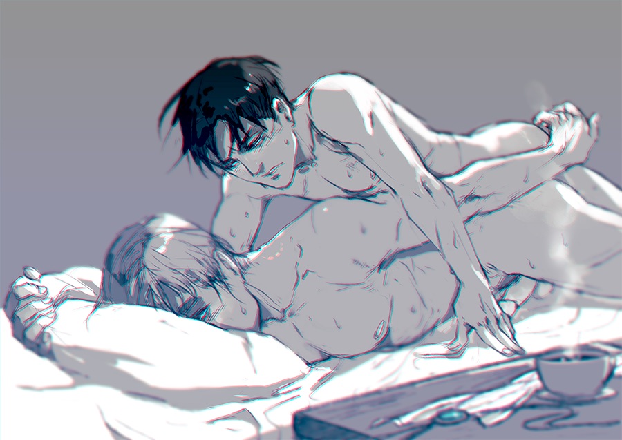 2boys, anal, anal sex, attack on titan, bolo tie, darwin saru, erwin smith, face in pillow, gay, levi, levi ackerman, limited palette, lying on stomach, male, male penetrated, male penetrating, male penetrating male, male/male, on bed, on stomach, penetration, penis, pillow, sex, shingeki no kyojin, size difference, small dom big sub, source request, yaoi