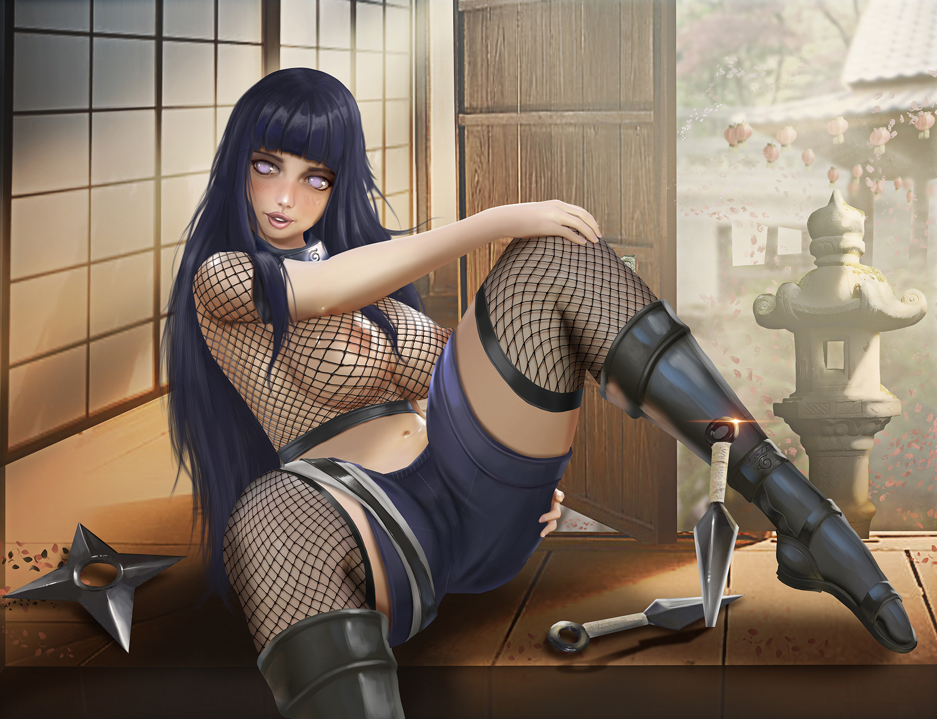 1girls, alternate costume, big breasts, blunt bangs, breasts, cameltoe, clothing, detailed background, female, female only, fishnet shirt, fishnet stockings, fishnets, hyuuga hinata, hyuuga hinata (naruto: the last), kimochidraw, kunai, kunoichi, leaning back, legwear, long hair, midriff, naruto, naruto (series), naruto shippuden, naruto: the last, nipples, no bra, partially clothed, purple hair, pussy, shorts, shuriken, sitting, solo, solo female, spread legs, thick thighs, violet eyes, weapons