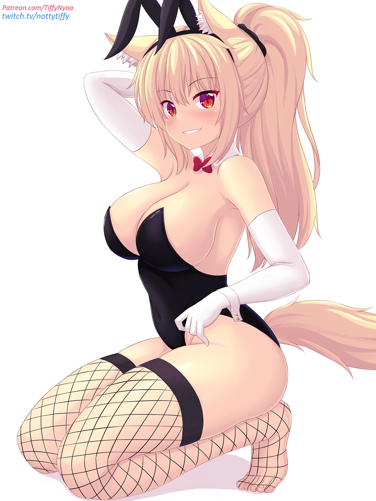 1girls, animal ears, animal tail, biting lip, blonde hair, blush, bowtie, breasts, bunny ears, bunnysuit, covered navel, elbow gloves, eyebrows visible through hair, fangs, female, female only, fishnet stockings, fishnets, fox ears, fox girl, fox tail, gloves, kemonomimi, kneeling, large breasts, legwear, ponytail, red eyes, sideboob, tagme, tail, thighhighs, tiffy, tiffynyaa