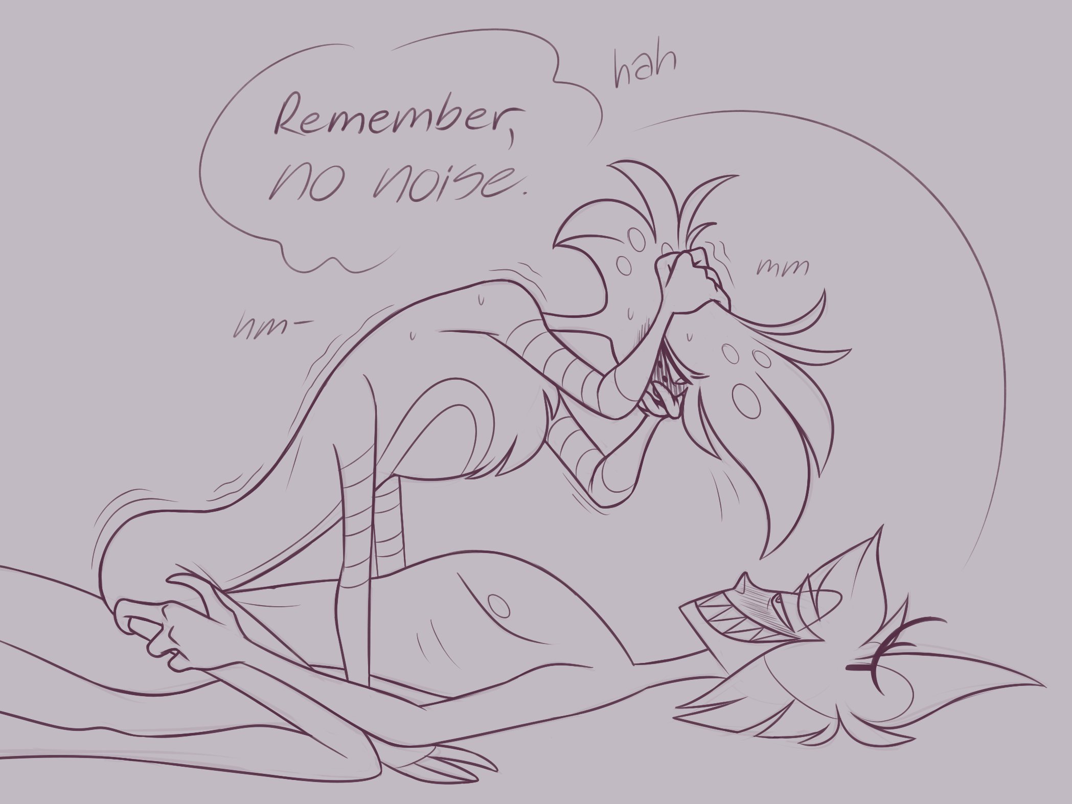 2boys, 4 arms, alastor (hazbin hotel), anal, anal sex, angel dust (hazbin hotel), blush, chest tuft, cowgirl position, deer, demon, female, hand on hip, hazbin hotel, implied anal, laying down, looking at partner, looking down, looking pleasured, looking up, male, male only, male penetrated, male penetrating, multi arm, multi limb, ranksauce, riding, smile, smiling, spider, teasing, text, trembling, vivienne medrano, yaoi