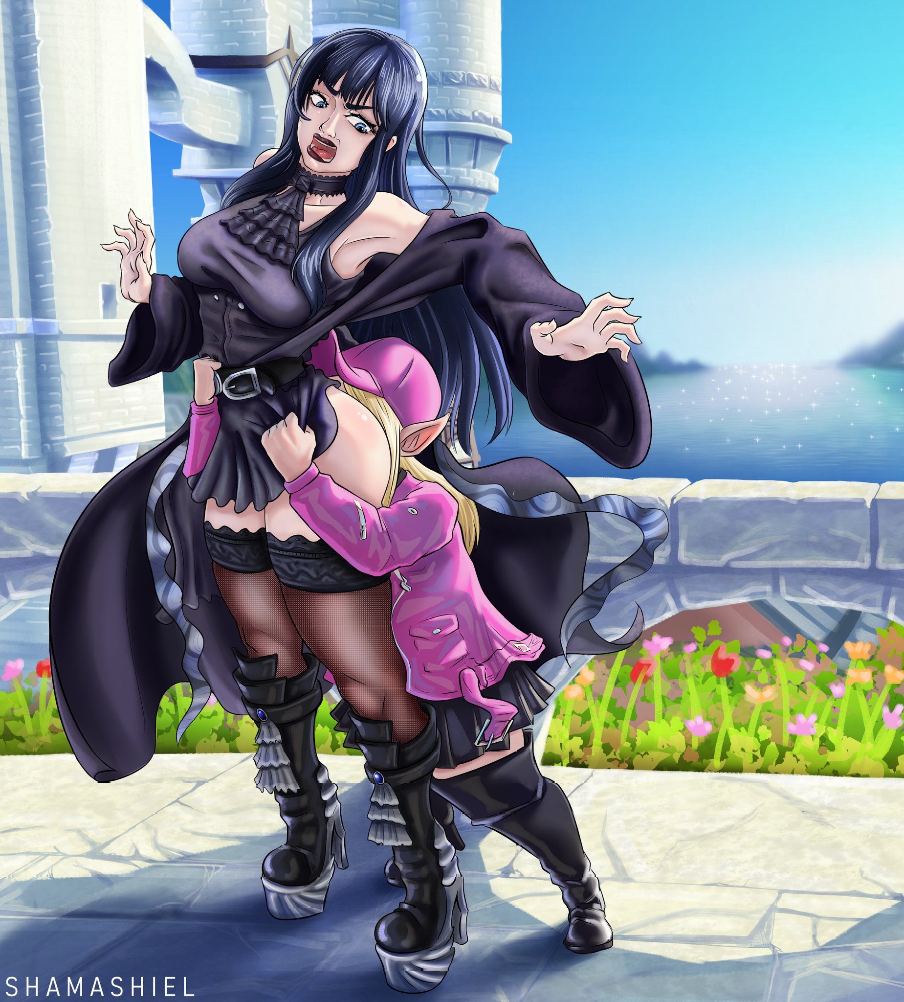 2girls, ass, bare shoulders, black hair, black lipstick, blonde hair, blue eyes, boots, cap, face in ass, female, final fantasy, final fantasy xiv, gaia (ffxiv), high heel boots, high heels, jacket, lalafell, long hair, open mouth, platform heels, pointy ears, shamashiel, size difference, skirt, square enix, surprised, thighhighs
