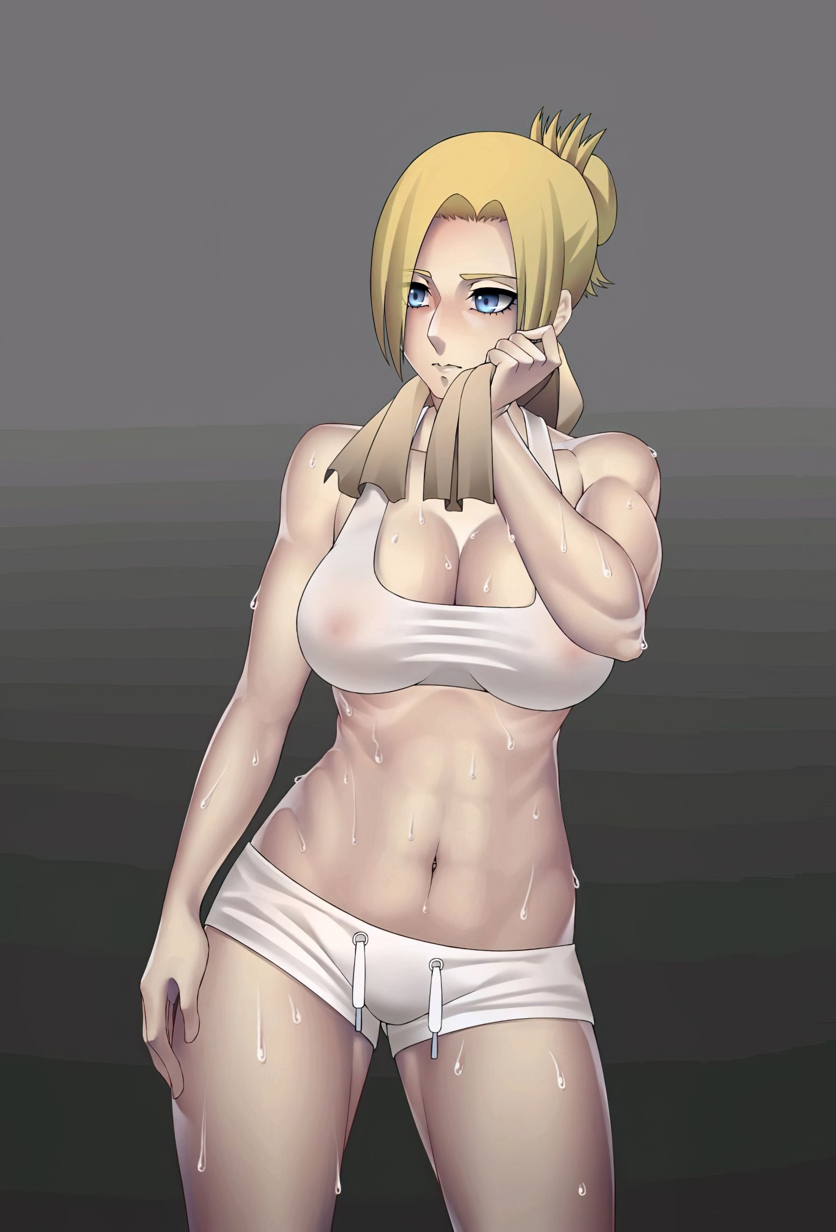 annie leonhardt, aroused, attack on titan, breasts, female, pussy, see-through clothing, shingeki no kyojin, skimpy, sports bra, sweatdrop, wet pussy