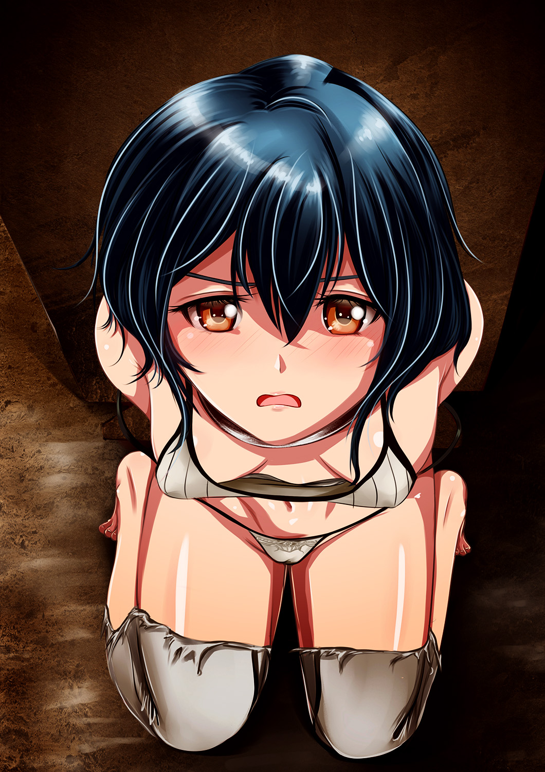 1girls arms_behind_back bare_thighs blue_hair bondage bound collar fire_emblem fire_emblem_awakening grey_panties hair_between_eyes handcuffs imminent_rape kneeling medium_breasts medium_hair morgan_(fire_emblem) morgan_(fire_emblem)_(female) nintendo nipple_bulge open_mouth oral orange_eyes panties partially_visible_vulva pokies tank_top thighhighs torn_clothes wingr wooden_handcuffs