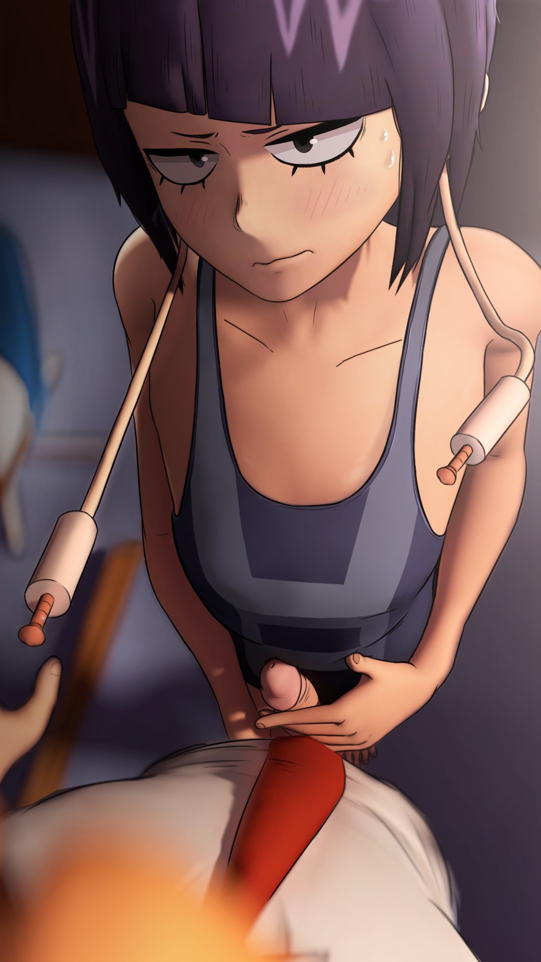 1boy, 1girls, blonde hair, blonde-haired male, blush, boku no hero academia, clothed, denki kaminari, embarrassed, fanon couple, female, greatm8, handjob, jirou kyouka, kaminari denki, kyoka jiro, looking at viewer, male, my hero academia, penis, purple hair, purple-haired female, shounen jump
