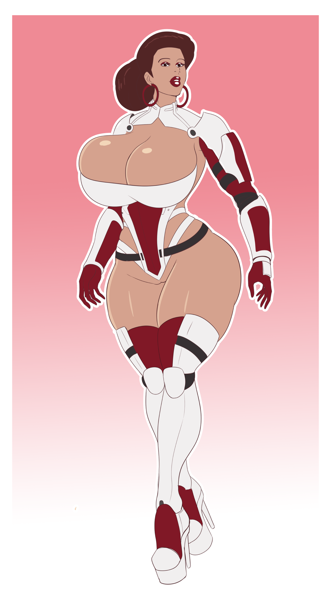 1girls, annon, armor, ashley williams, bimbo, breasts, brown hair, cleavage, eyeshadow, female, high heels, hoop earrings, huge breasts, lipstick, makeup, mass effect, no panties, pussy, short hair, skimpy, skimpy armor, solo, thick lips, thick thighs, toned, toned female, voluptuous, wide hips