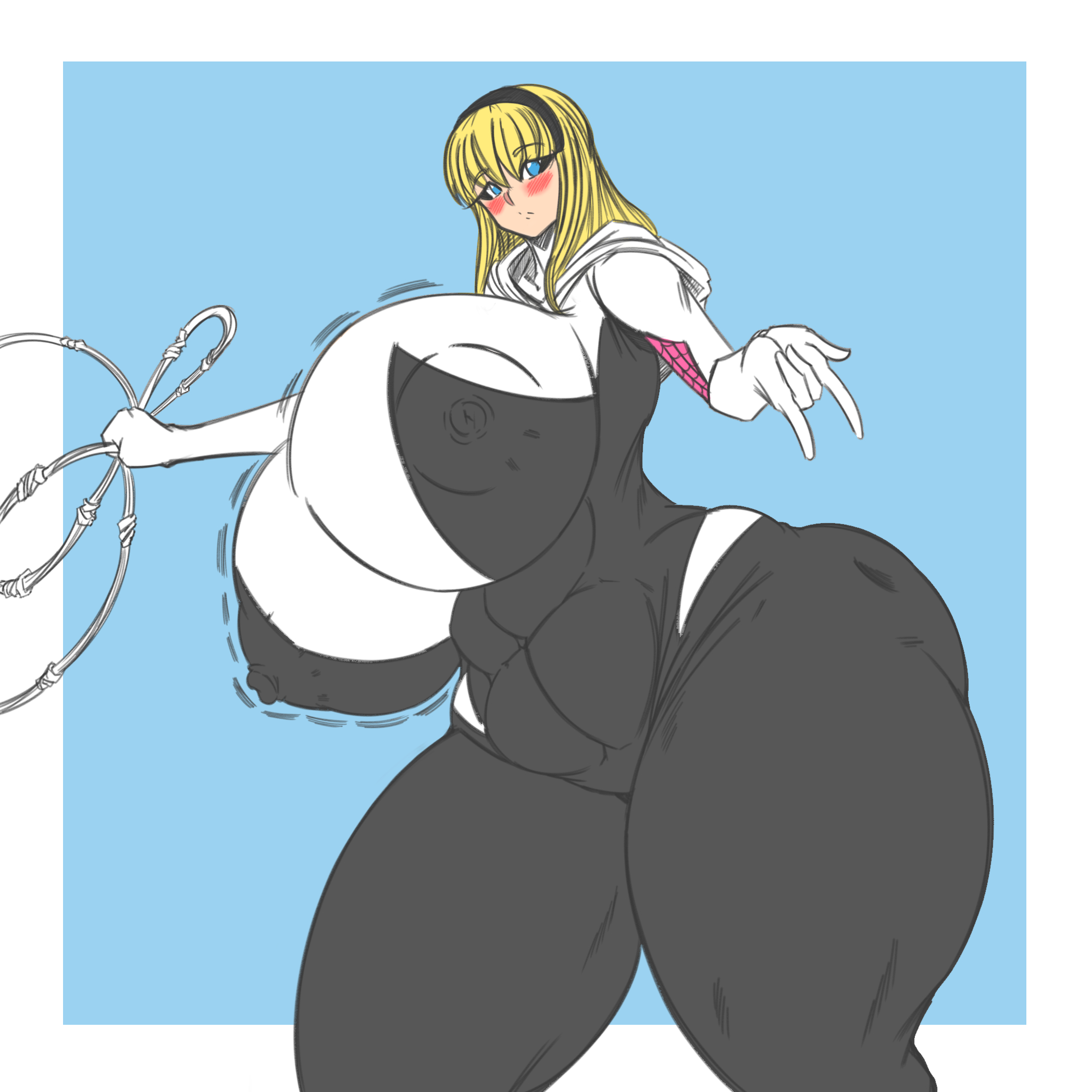 ass, belly, blonde hair, blue eyes, blush, breasts, breasts bigger than head, dragonicxs, female, fully clothed, gofenix, gwen stacy, hairband, hi res, highres, huge ass, huge breasts, looking at viewer, marvel, marvel comics, nipple bulge, spider-gwen, spider-man (series), thick thighs, thighs bigger than head, tight clothing, wide hips
