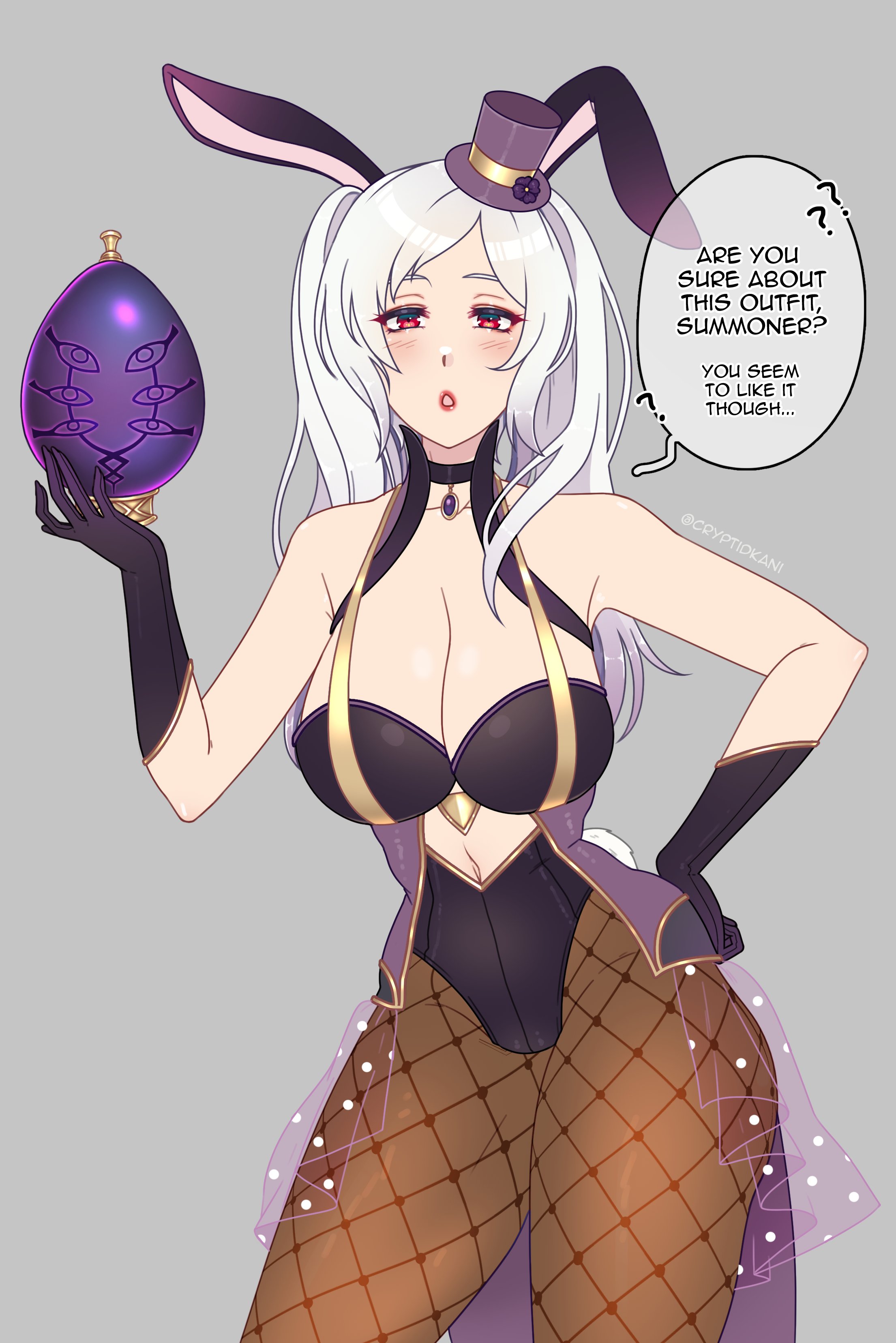 1girls, alternate costume, bare shoulders, big breasts, brand of the defile, breasts, bunny ears, bunny girl, bunnysuit, choker, cleavage, cryptid crab, egg, english text, eyes of grima, female, fire emblem, fire emblem awakening, fishnet legwear, fishnet stockings, fishnets, gloves, grima (fire emblem), hat, large breasts, long hair, looking at viewer, nintendo, robin (fire emblem), robin (fire emblem) (female), solo, solo female, text, top hat, white hair