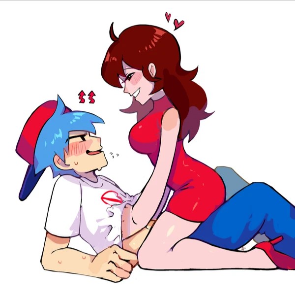 1boy 1girls benzbt blue_hair blush boyfriend_(friday_night_funkin) brown_hair clothing couple cyan_hair embarrassed friday_night_funkin girlfriend_(friday_night_funkin) medium_breasts shy sitting_on_lap sitting_on_person smiling smiling_at_another smirk smirking wholesome