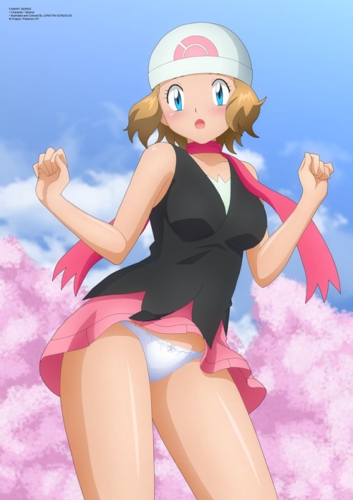 1girls, alternate breast size, beanie, big breasts, black shirt, blonde hair, blonde-haired female, blue eyes, bow panties, breasts, dawn (pokemon), dawn (pokemon) (cosplay), female, hat, looking at viewer, panties, pink scarf, pink skirt, pokemon, pokemon dppt, pokemon xy, serena (pokemon), surprised, underskirt, white panties, zel-sama