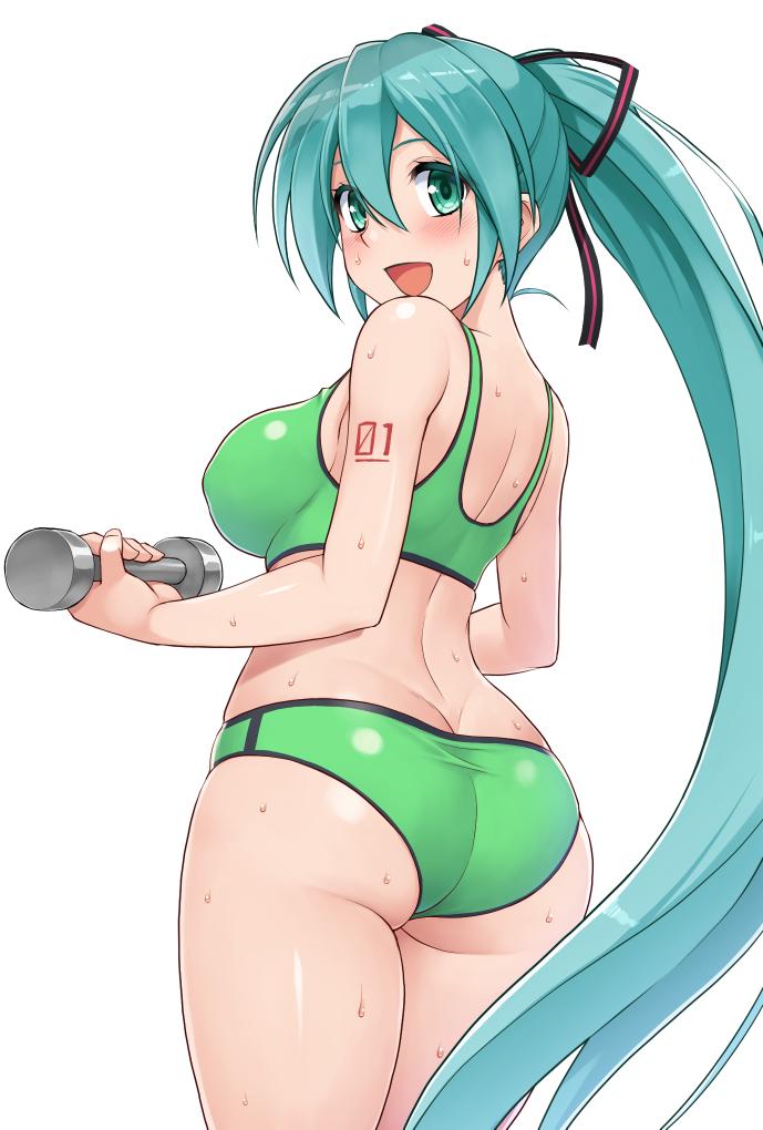 dumbbell exercising hatsune_miku looking_at_viewer looking_back ponytail smiling vocaloid