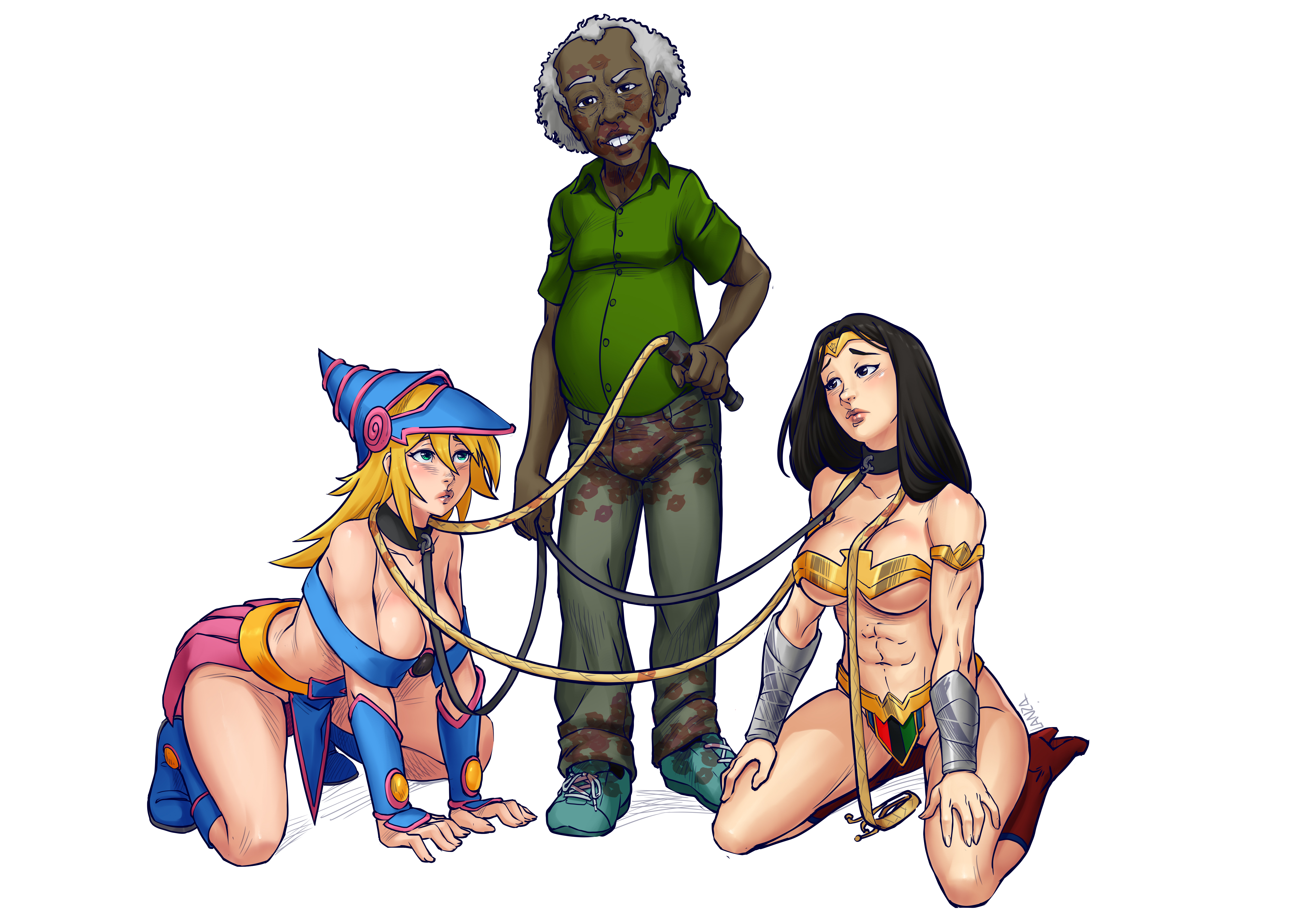 1boy, 2girls, abs, age difference, all fours, black hair, blonde hair, bondage, breasts, cleavage, collar, crossover, dark magician girl, dark skin, dark-skinned male, dc, dc comics, diana prince, female, femsub, interracial, kiss mark, kneeling, large breasts, leash, lipstick mark, male, maledom, multiple females, multiple girls, multiple subs, sketchlanza, slave, straight, tagme, whip, wonder woman, wonder woman (series), yu-gi-oh!
