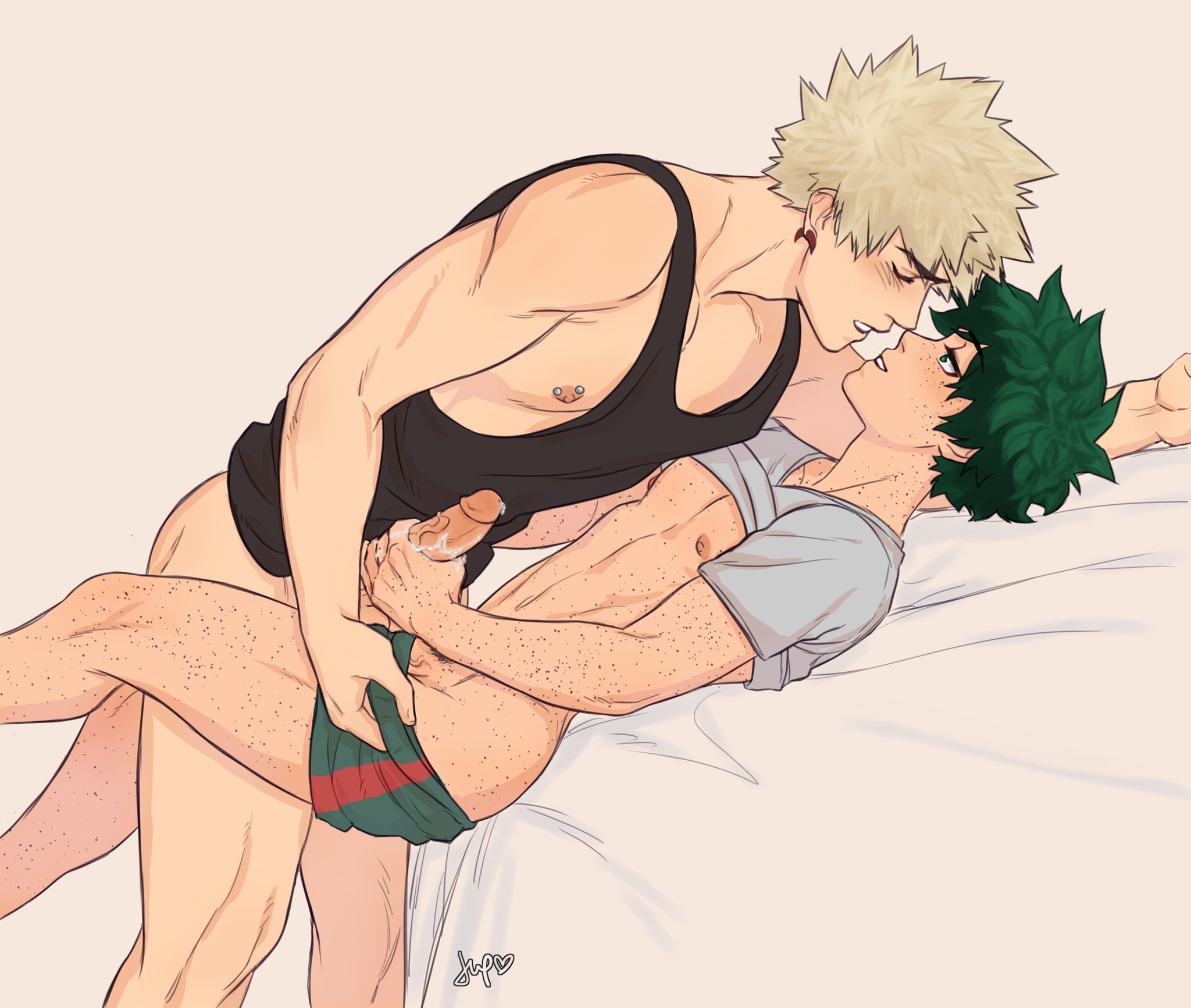 2boys, bare legs, bare thighs, blonde hair, bodily fluids, gay, genital fluids, genitals, green hair, hand on penis, handjob, izuku midoriya, katsuki bakugou, kurojupiter, male, male only, male/male, my hero academia, nipple piercing, nipples, partially clothed, penis, pierced nipples, piercing, piercings, precum, shirt lift, tank top, yaoi