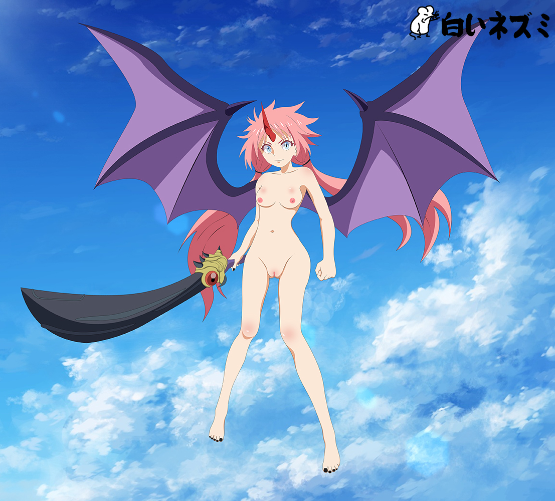 1girls, black nail polish, blue eyes, breasts, completely nude, dragon wings, female, female only, flying, milim nava, nail polish, naked, nude, pink hair, pussy, shiroi nezumi, sky, solo, sword, tensei shitara slime datta ken, that time i got reincarnated as a slime, uncensored, wings