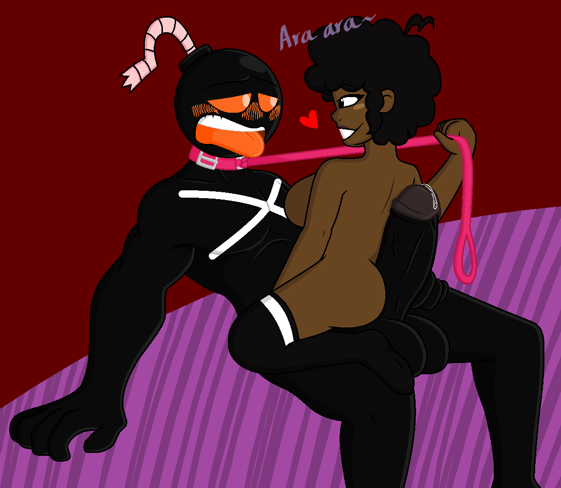 afro anthro ara_ara between_buttocks black_hair black_skin blush canon_couple carol carol_(bbpanzu) carol_x_whitty collar dark-skinned_female dark_skin erect_penis female female_domination femdom friday_night_funkin heyelligator leash leash_pull on_lap penis smiling whitty whitty_(friday_night_funkin)