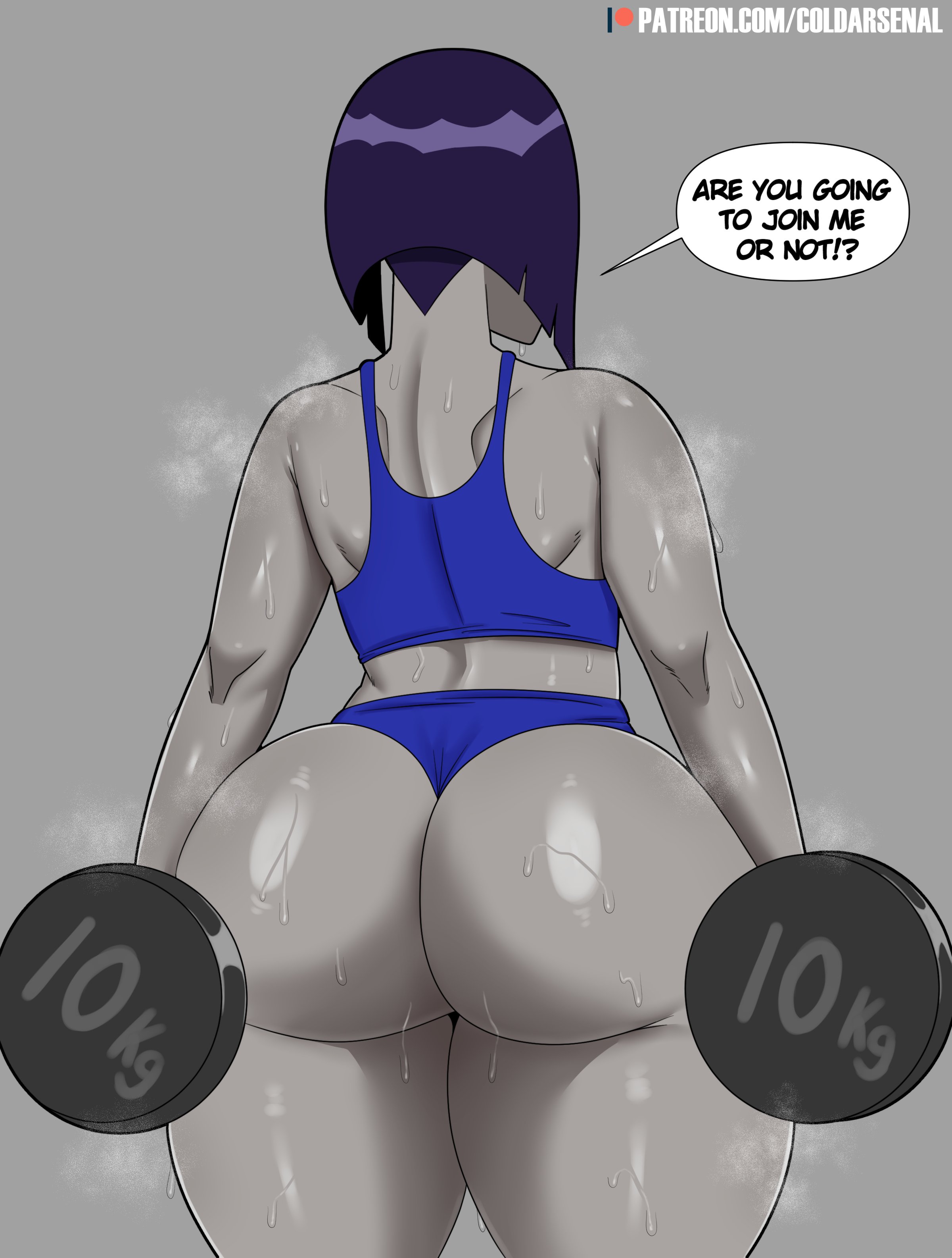 1girls, 2021, ass, booty shorts, bubble ass, bubble butt, cartoon network, clothed, clothed female, clothes, clothing, coldarsenal, color, colored, dc, dc comics, dialogue, dumbbell, english, english text, exercise, facing away, fat, fat ass, fat butt, female, fully clothed, grey background, grey skin, gym uniform, holding object, large ass, large butt, offscreen character, plain background, purple hair, rachel roth, raven (dc), revealing clothes, short hair, solo, speech bubble, sports bra, standing, sweat, teen titans, teenage female, teenager, text, thick ass, thick thighs, uncensored, weightlifting, weights, wide hips, workout, workout clothes