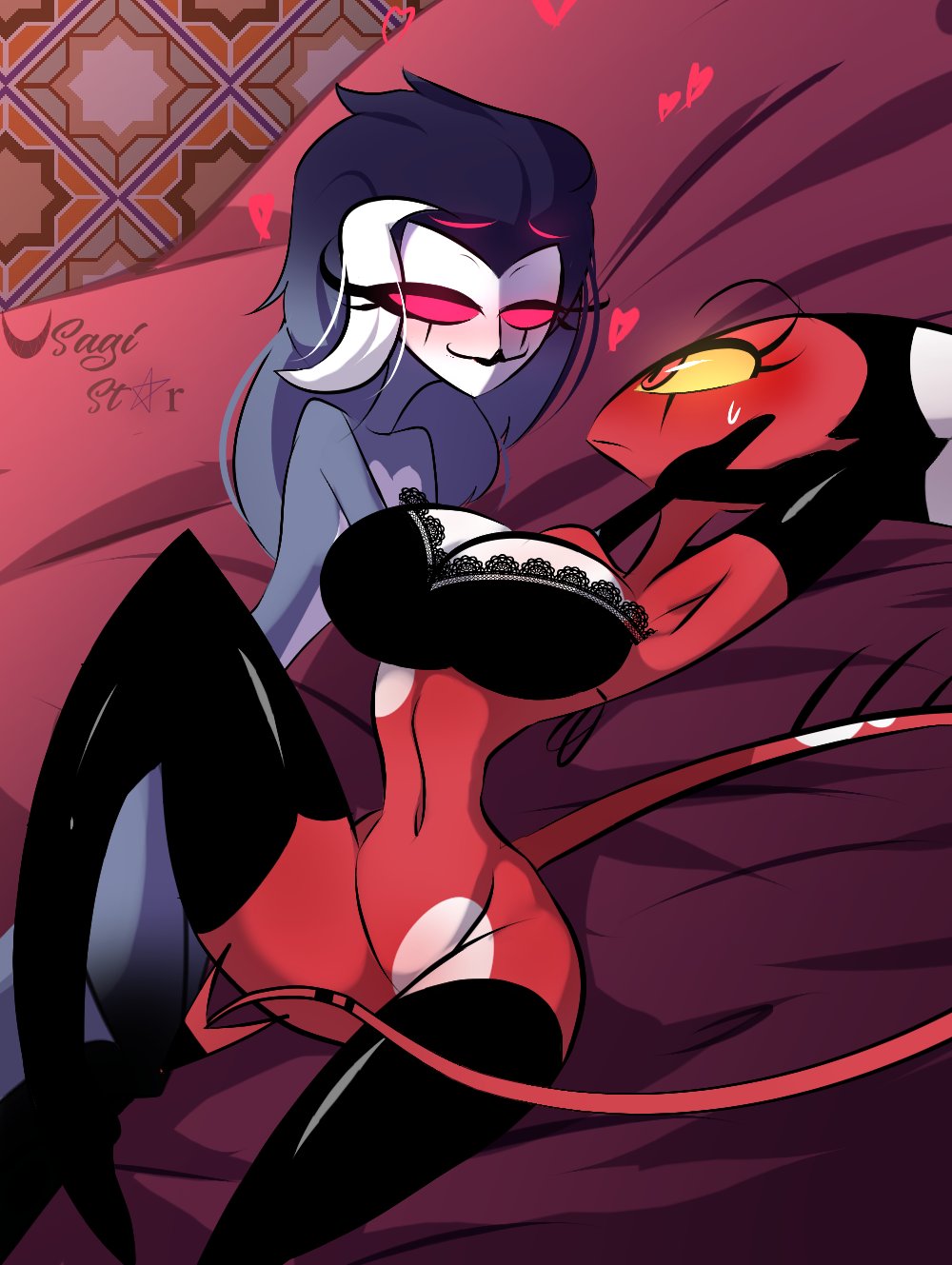 2girls, armpits, blitzo (helluva boss), breasts, cleavage, demon, demon girl, female, female blitzo, female focus, female only, female stolas, helluva boss, multiple females, multiple girls, owl demon, rule 63, stolas (helluva boss), usagi star, vivienne medrano, yuri