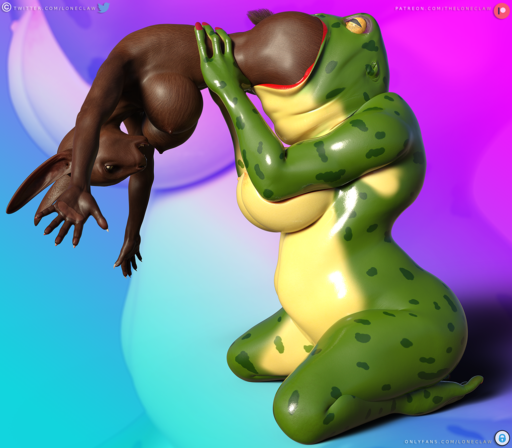 amphibian anthro ass beatrice_(loneclaw) big_breasts big_butt big_mouth_(anatomy) breasts duo female female/female frog lagomorph leporid loneclaw mammal non-mammal_breasts oral_vore rabbit same_size_vore scared side_view stomach_bulge thick_thighs unwilling_vore vore wide_hips yuri