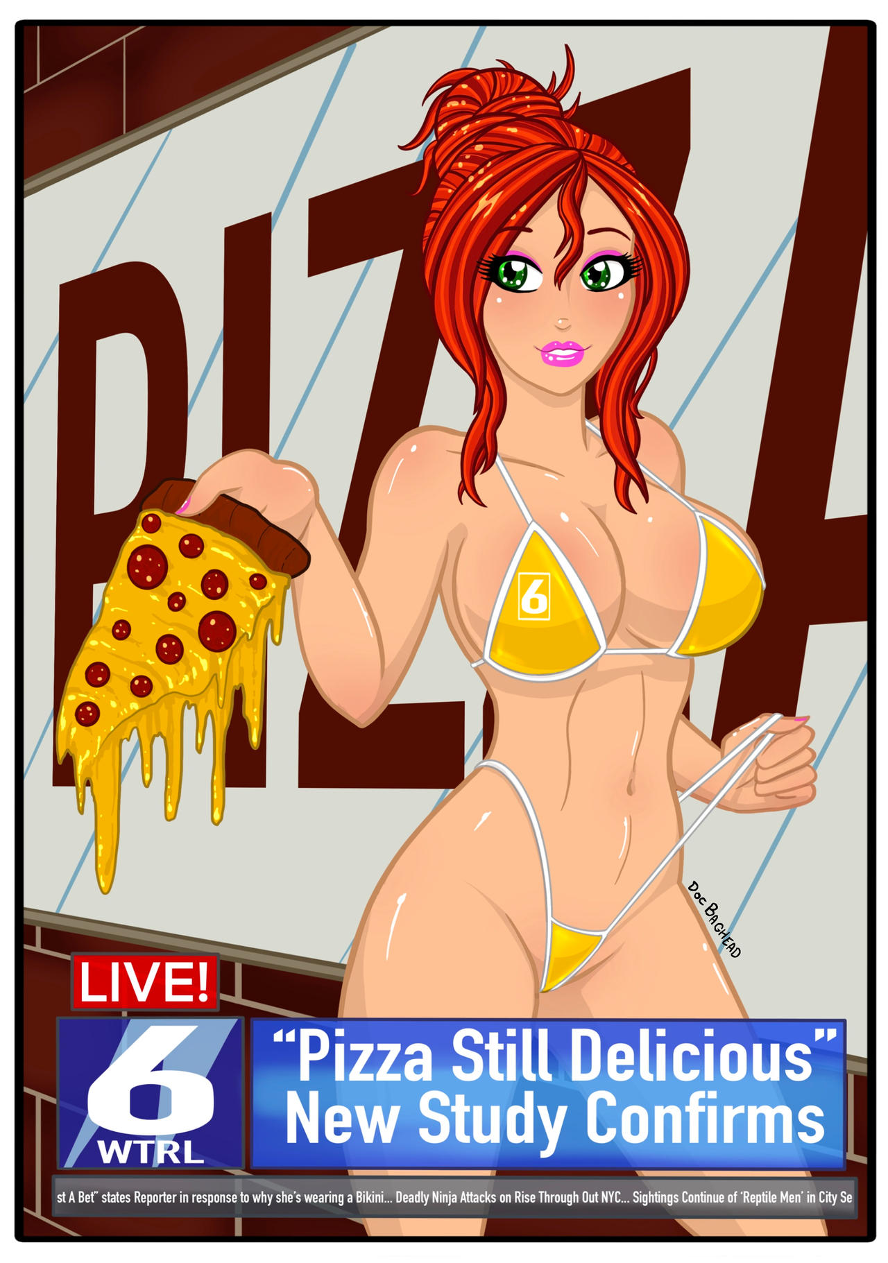 bikini broadcast docbaghead emily_nicole_fitzgerald freckles g-string lipstick makeup news newscaster pizza red_hair reporter smile tall taller_female taller_girl