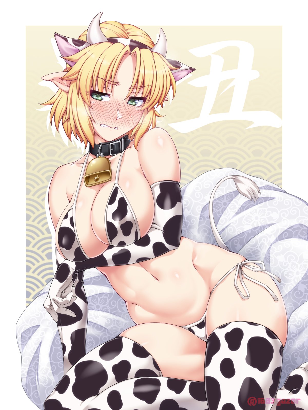 1girls, big breasts, blonde hair, breasts, cow print, female, green eyes, mizuhashi parsee, ootsuki wataru, pointy ears, tagme, touhou