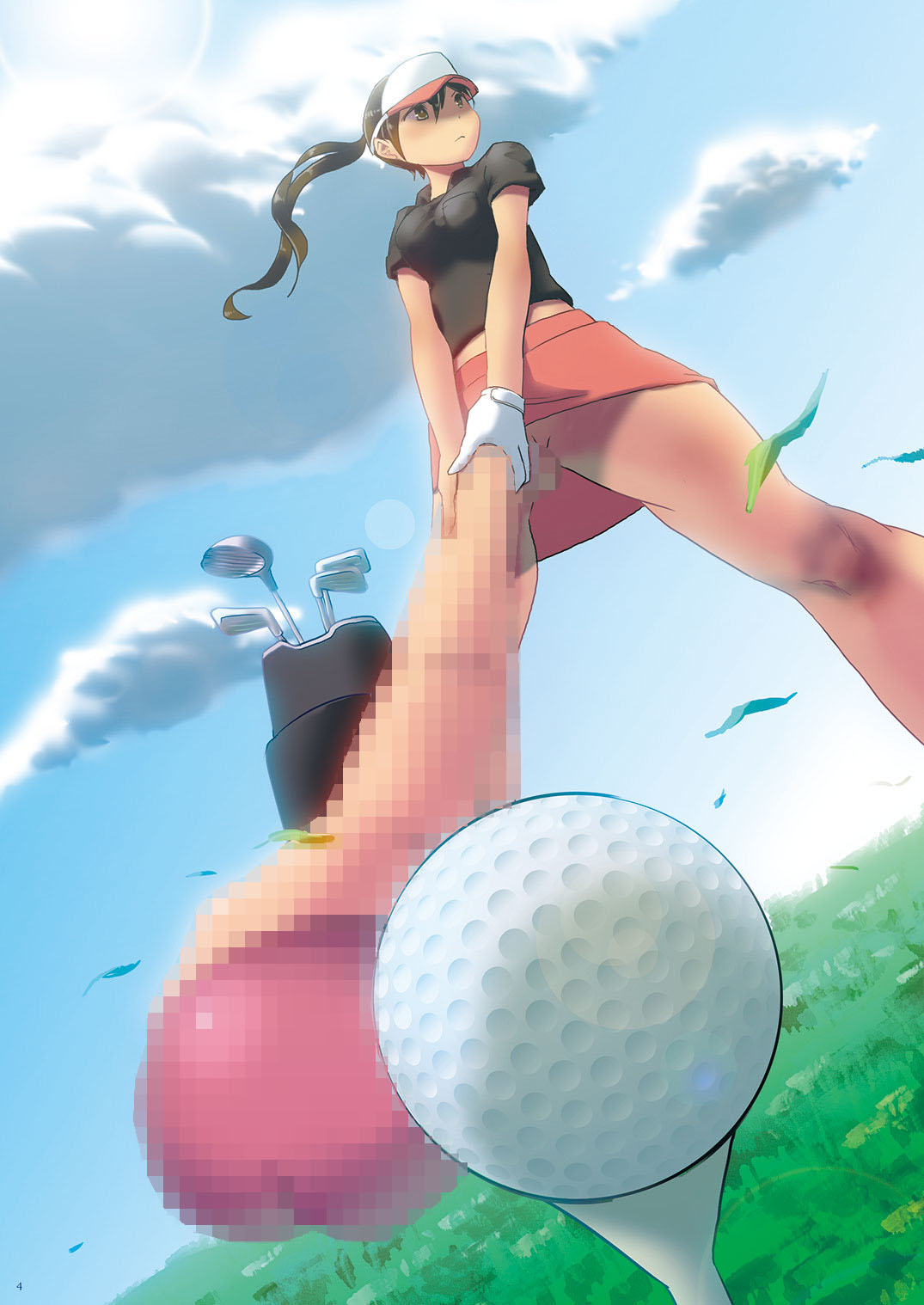 big_breasts big_penis brown_eyes brown_hair censored day erection female futanari gloves golf hat hyper_penis long_penis outdoors penis skirt uniform wind