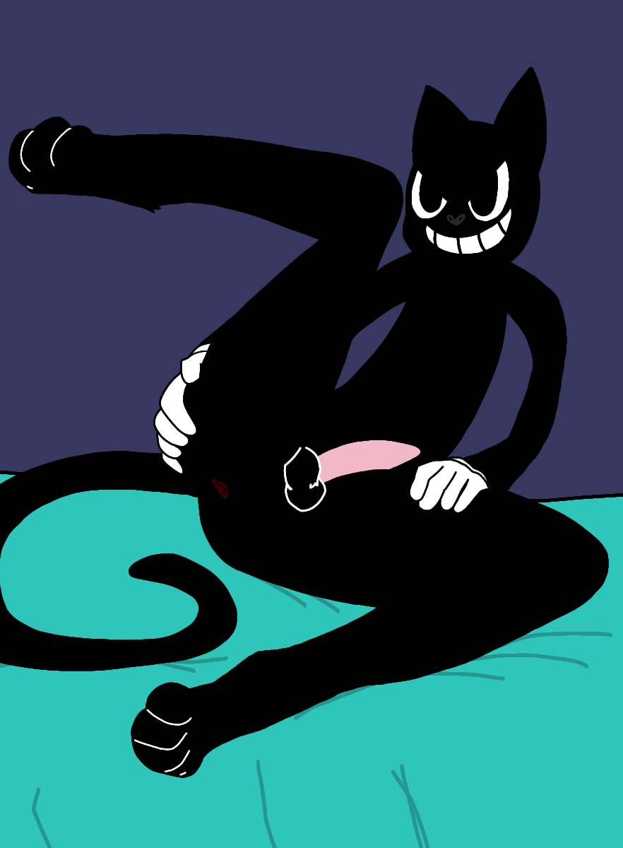 1boy animal_genitalia asshole balls bedroom big_eyes black_eyes black_fur black_nose cartoon_cat cat cat_ears cat_humanoid cat_tail feline feline_penis femboy furry gay gloves hand_on_leg male male_only open_legs riskaver_(artist) smile trevor_henderson twink yaoi