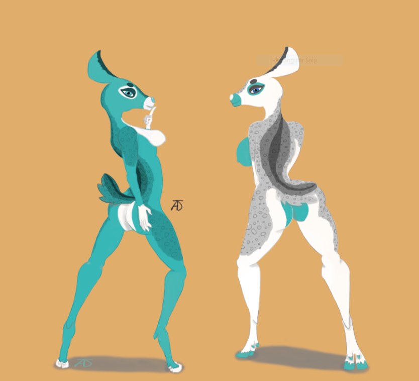 2girls alicethedeer anthro blue_body blue_eyes blue_fur breast_grab breasts cervid duo female fluffy fluffy_tail fully_shaded fur hand_on_breast hand_on_butt hooves mammal multiple_girls pinup pose white_body white_fur