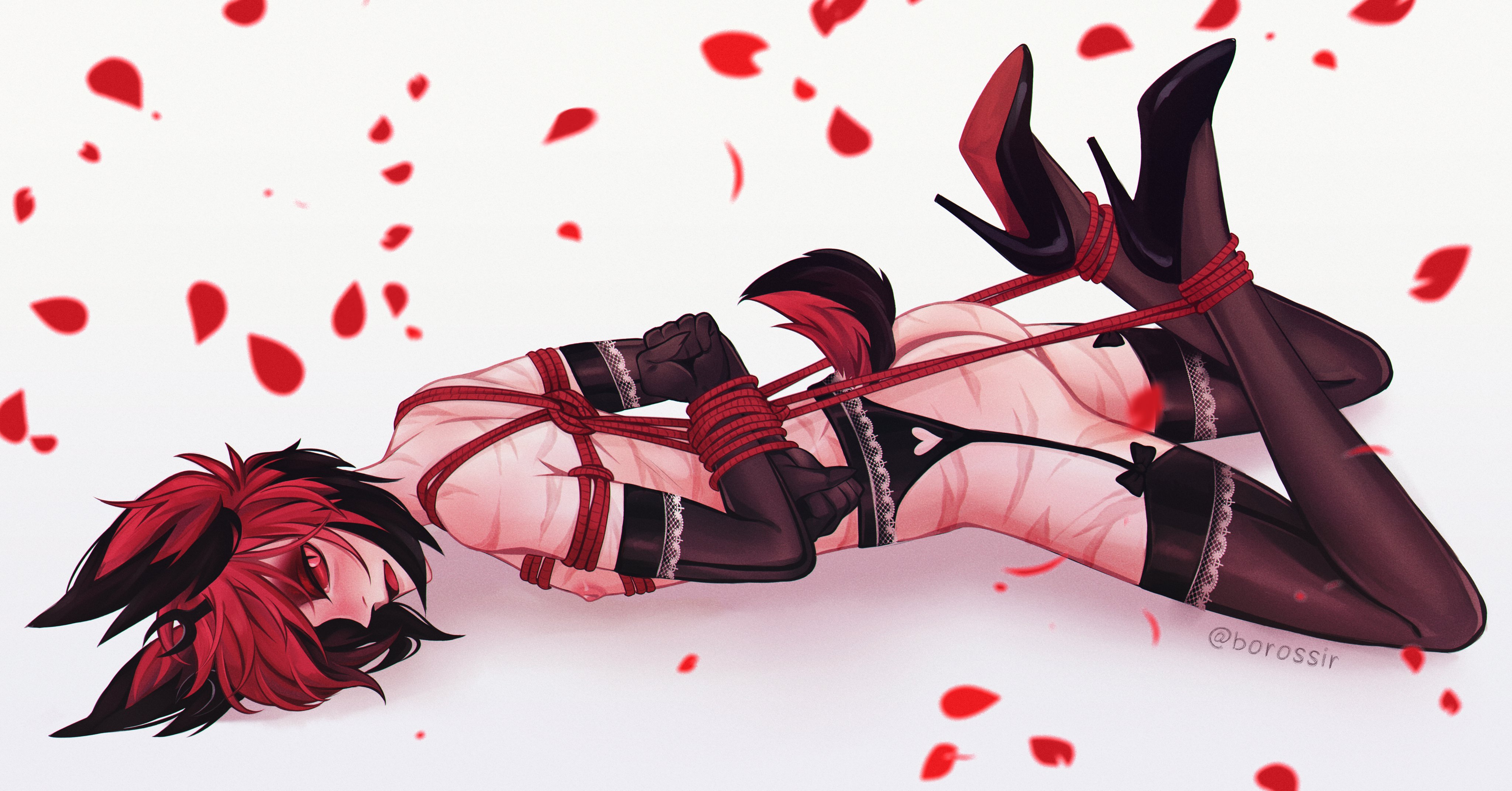 1boy, alastor (hazbin hotel), arms behind back, ass, blush, bondage, borossir, deer, demon, garter belt, gloves, hands behind back, hazbin hotel, hogtie, lingerie, male, mostly nude, nipples, on ground, on stomach, red hair, rope, rope bondage, rose petals, scars, smooth skin, solo male, tail, thighhighs, tied, tied arms, tied legs, tied up, vivienne medrano