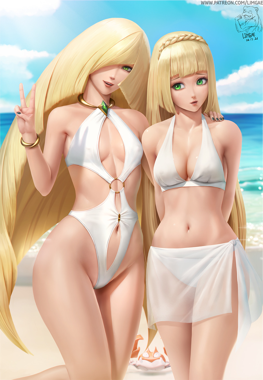 2girls arm_around_shoulder arms_behind_back bangs bare_shoulders beach belly bikini bikini_skirt black_nails blonde_hair blunt_bangs bracelet braid breast_size_difference breasts choker cleavage covered_nipples crown_braid daughter_is_bigger gen_1_pokemon gold_bracelet green_eyes hair_over_one_eye highleg highleg_swimsuit hourglass_figure human jewelry krabby light_skin lillie_(pokemon) limgae long_hair looking_at_another looking_at_viewer lusamine_(pokemon) medium_breasts midriff milf mother mother_and_daughter multiple_girls navel navel_cutout nintendo o-ring o-ring_swimsuit ocean one-piece_swimsuit peace_sign pokemon pokemon_(game) pokemon_(species) pokemon_sm revealing_clothes revealing_swimsuit skirt small_breasts smile stomach swimsuit thick_thighs v very_long_hair watermark web_address white_bikini white_skirt white_swimsuit wide_hips