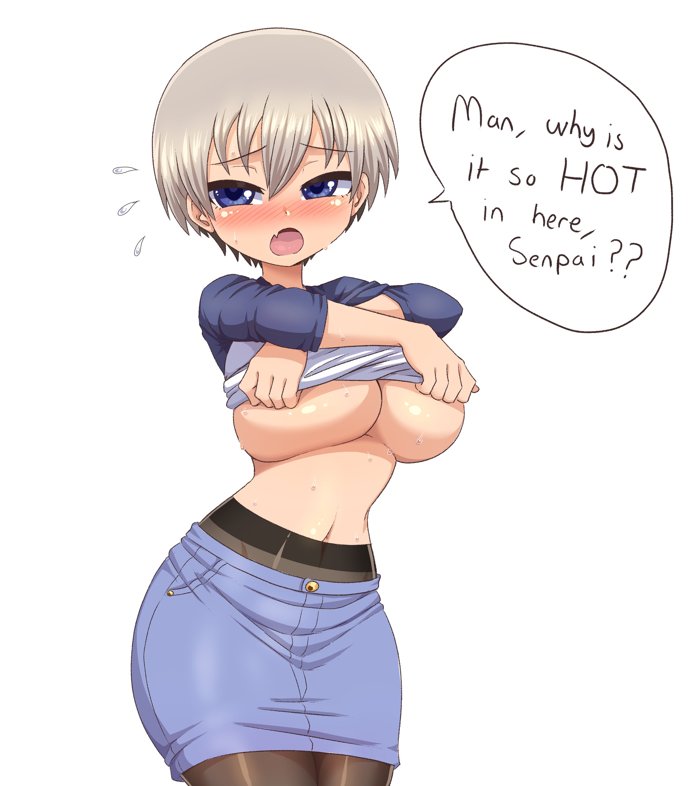 1girls, blush, breasts, denim skirt, female, female only, huge breasts, looking at viewer, open mouth, pantyhose, shirt lift, simmsy, solo, sweat, sweating, underboob, undressing, uzaki hana, uzaki-chan wa asobitai!