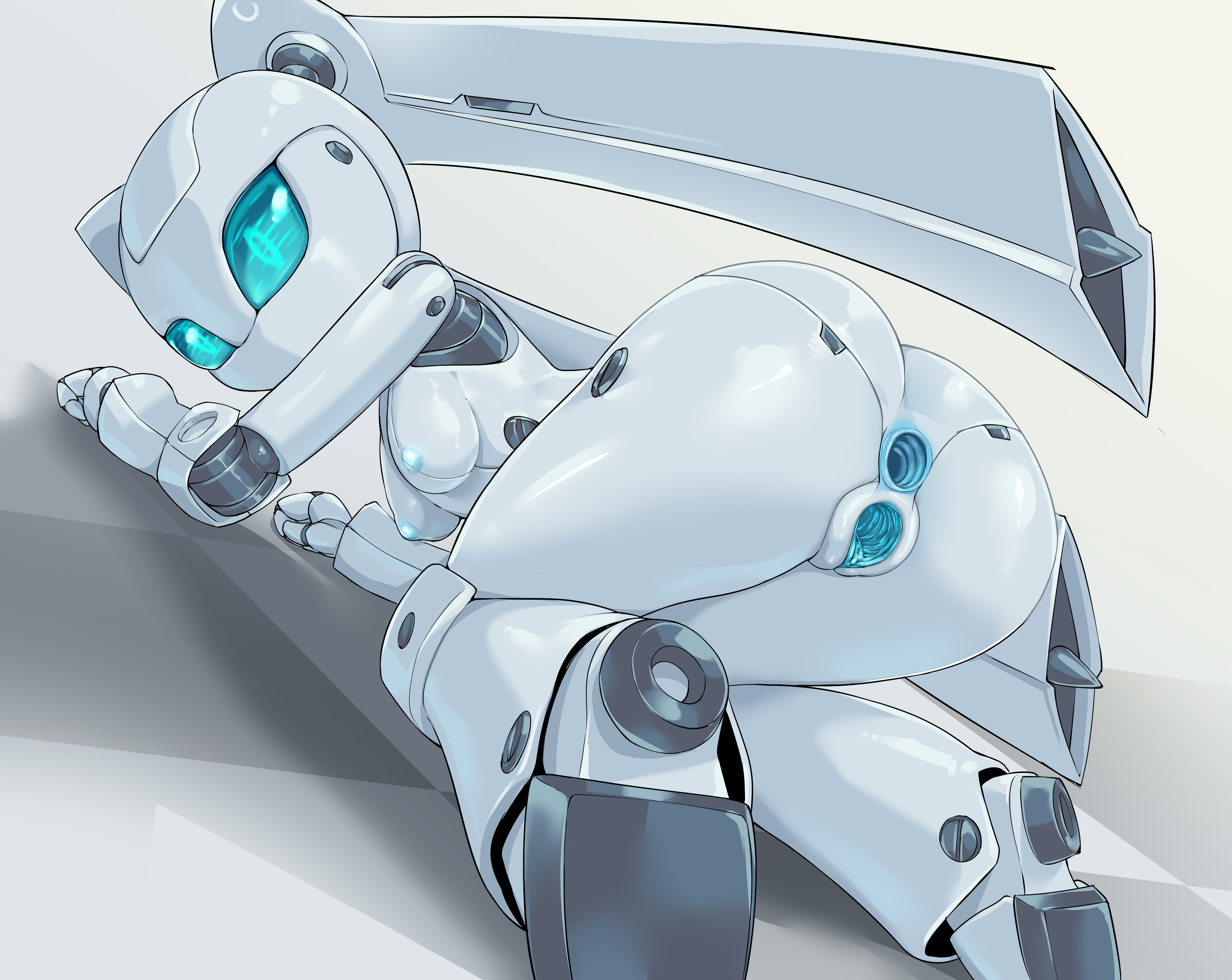 1girls, absurdres, all fours, android, anus, aqua eyes, ass, blue anus, blue nipples, blue pussy, breasts, clitoris, disney, drossel von flugel, female, fireball (series), gaping, gaping anus, gaping pussy, high resolution, highres, hybrid, light skin, light-skinned female, looking away, looking back, nipples, no mouth, no nose, pale skin, pale-skinned female, pochincoff, pussy, robot, robot girl, sideboob, surprised, uncensored, white breasts