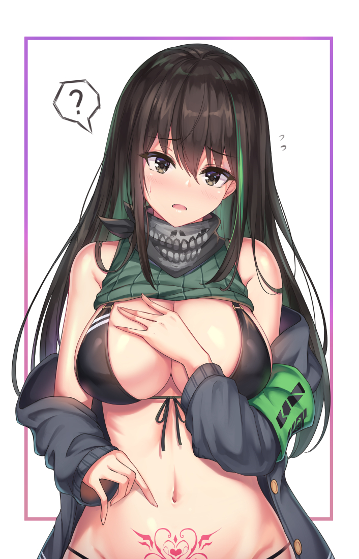 1girls ? adapted_costume armband bangs bare_shoulders bikini black_bikini black_eyes black_hair blush border breasts cenangam clothes_lift commentary_request cowboy_shot d: eyebrows_visible_through_hair female flying_sweatdrops girls'_frontline green_hair green_sweater groin hair_between_eyes hand_on_own_chest headphones jacket long_hair looking_at_viewer m4a1_(girls'_frontline) multicolored_hair navel open_mouth outside_border pointing pubic_tattoo ribbed_sweater scarf sidelocks simple_background skull_print solo spoken_question_mark stomach streaked_hair sweater sweater_lift sweater_vest swimsuit tattoo white_background