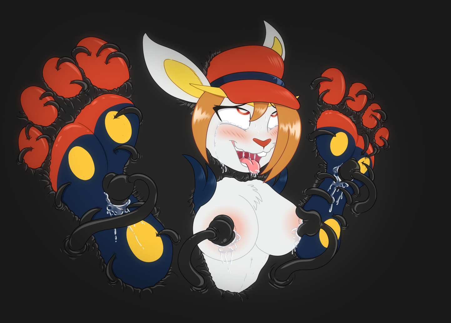 1girls, blush, bodily fluids, bondage, bound, breasts, caroo, cinderace, clothing, feet, female, female cinderace, female pokemon, foot fetish, hat, headgear, headwear, hive, milking tentacles, nintendo, nipple fetish, nipple play, nipple suck, pokémon (species), pokemon, pokemon (species), pokemon ss, red eyes, saliva, solo, stimulation, sucking, tears, teasing, tentacle, tentacle sucking breasts, tickle torture, tickling, video games