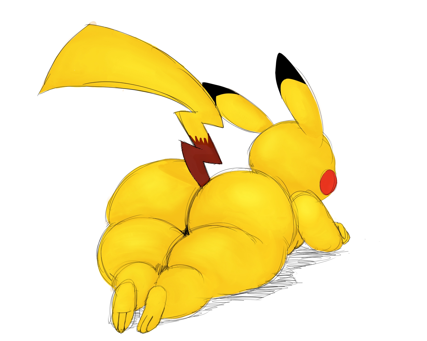 ass, big ass, colored, laying on stomach, male, male only, nintendo, pikachu, pokemon, simple background, sssonic2, tail, viewed from behind, yellow fur