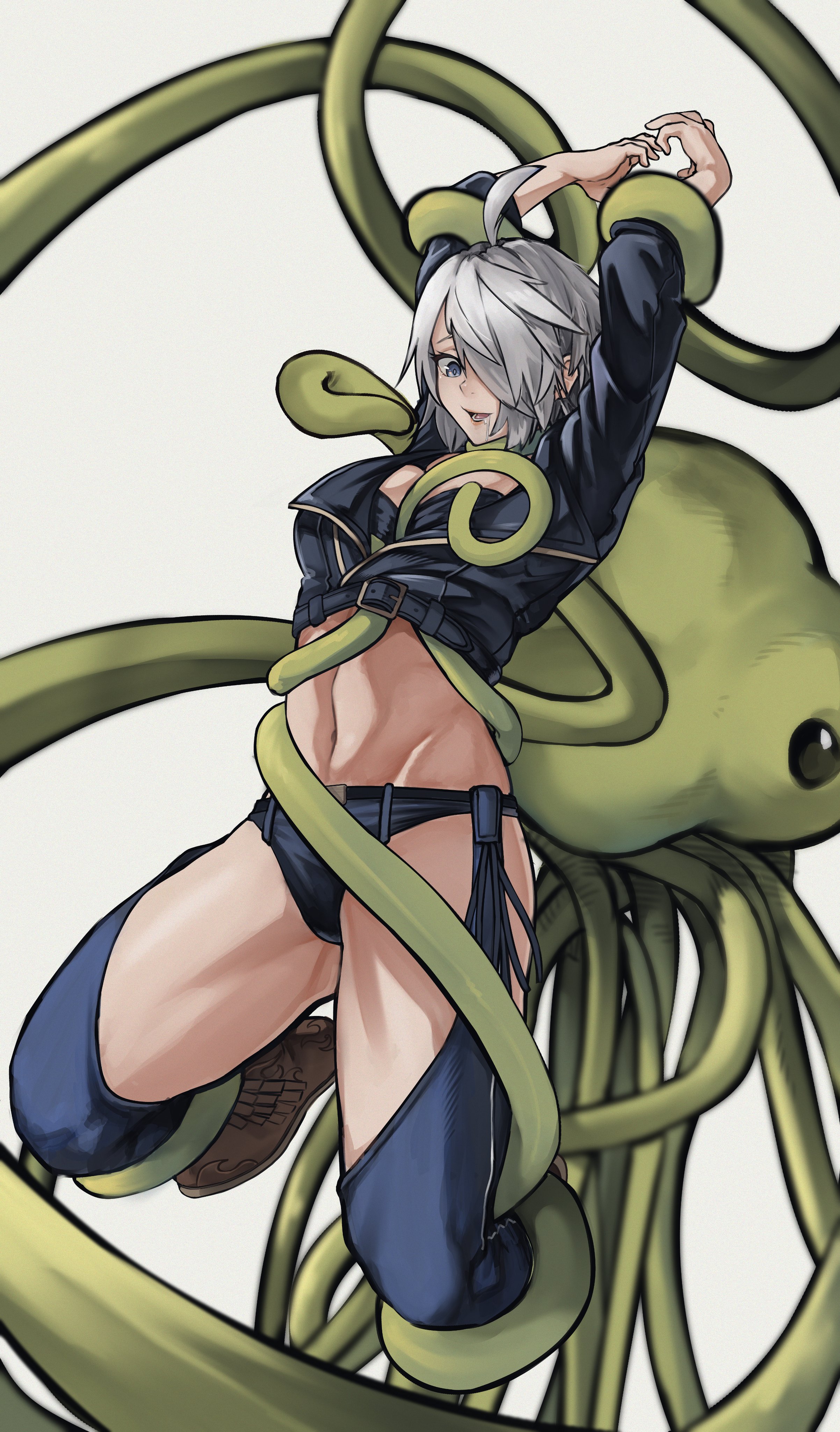 absurd res, alternate version available, angel (kof), clothed, drooling, female, female focus, hi res, king of fighters, kobi420, martian (metal slug), metal slug, navel, panties, simple background, snk, tagme, tentacle, tentacle grab, white background