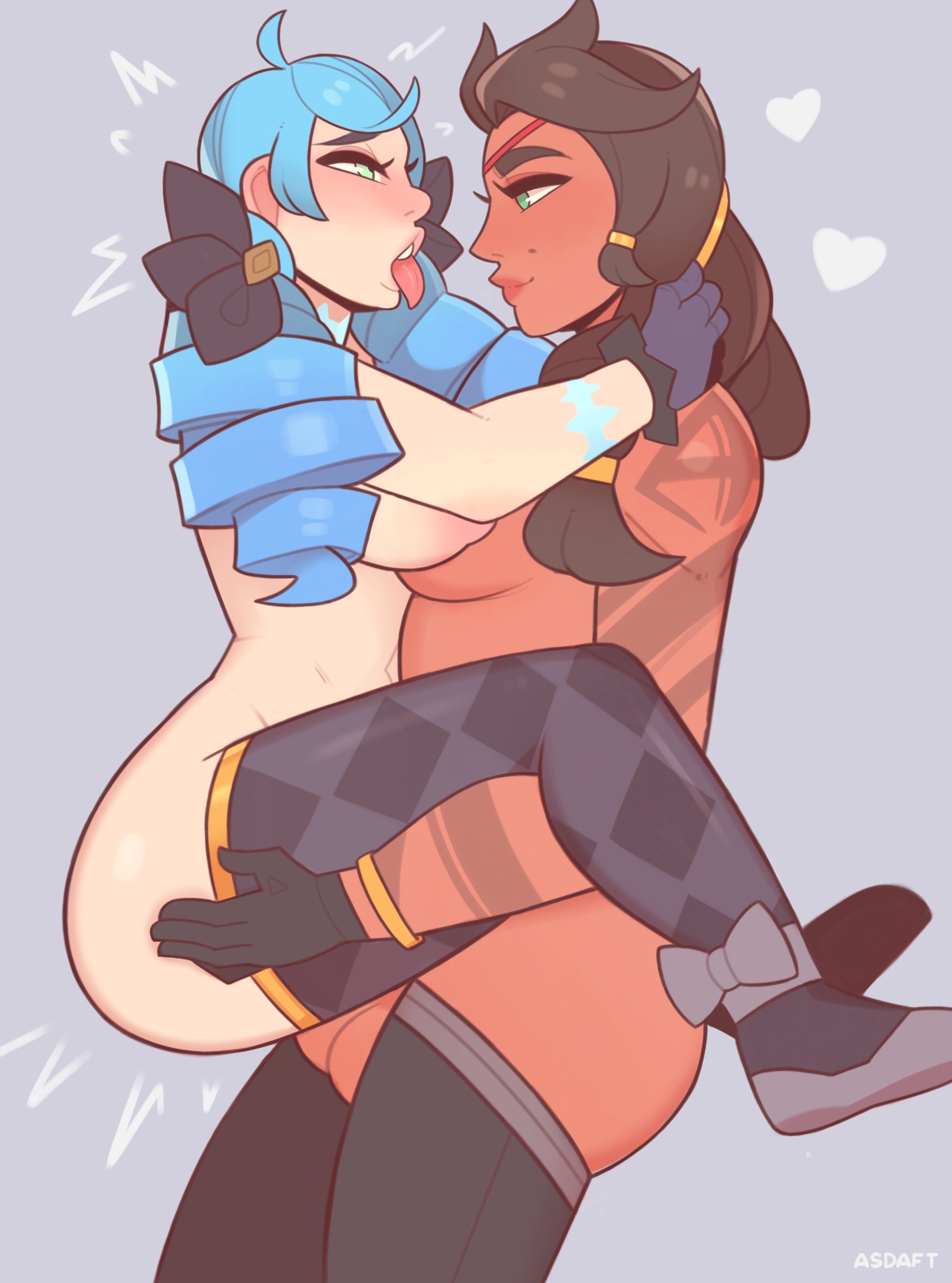 1futa, asdaft, dark skin, dark-skinned futa, eye contact, female, flats, futa on female, futanari, gwen (league of legends), interracial, intersex, league of legends, legwear, light skin, light-skinned female, samira (league of legends), standing, thick thighs, tongue, tongue out, twin drills, twintails
