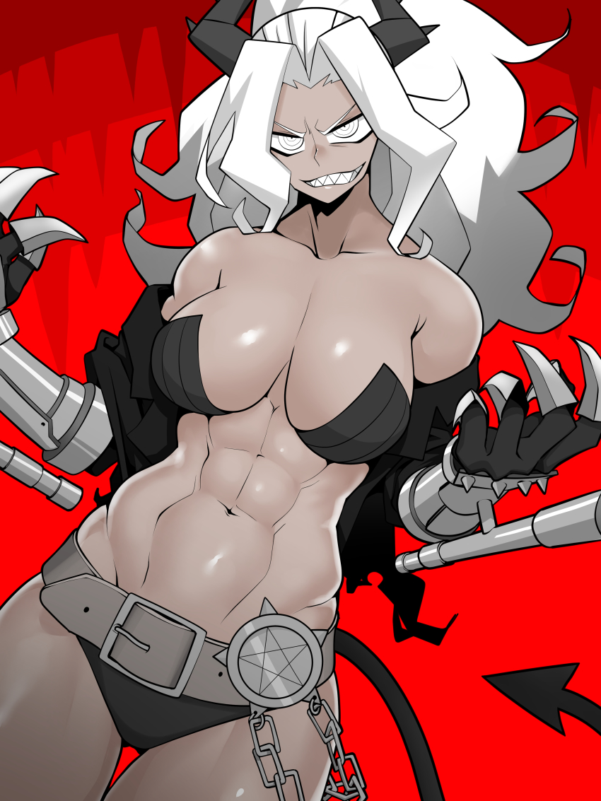 1girls 2020 abs armband asha bare_shoulders belt black_horn black_jacket black_panties breasts chains cleavage dark-skinned_female dark_skin demon_girl demon_horns demon_tail gauntlets helltaker highres horn jacket judgement_(helltaker) large_breasts muscular navel pentagram ponytail red_background schector_(asha000253) sharp_teeth simple_background solo tail teeth thigh_gap toned underwear white_eyes white_hair