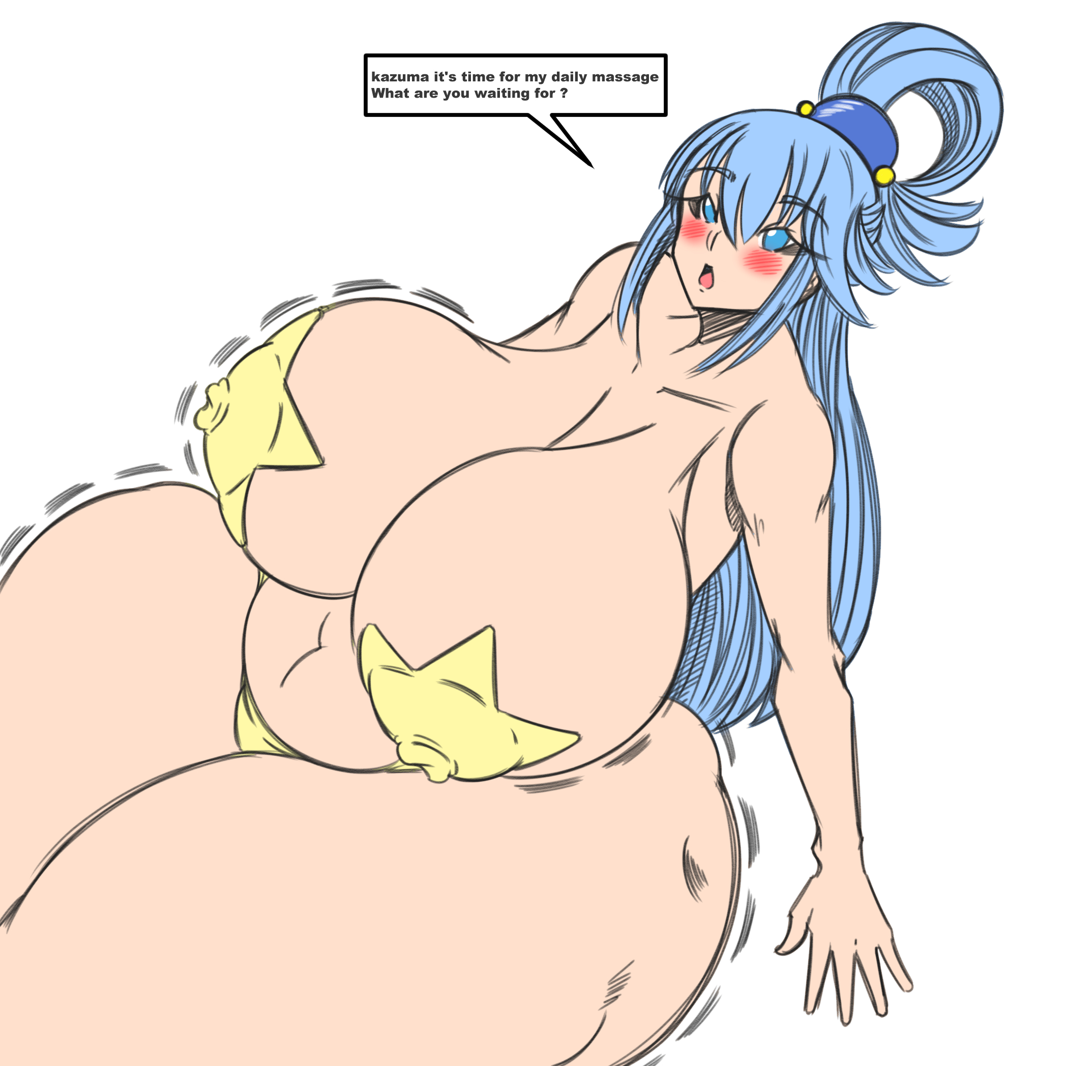 1girls, absurd res, alternate body type, alternate breast size, aqua (konosuba), ass, belly, big breasts, blue eyes, blue hair, breasts, dialogue, dragonicxs, fat, female, female only, gigantic ass, gigantic breasts, gofenix, hair, hi res, highres, huge ass, huge breasts, huge thighs, kono subarashii sekai ni shukufuku wo!, large breasts, looking at viewer, massive breasts, nipple bulge, open mouth, overweight, pasties, simple background, slightly chubby, solo, speech bubble, thick thighs, thighs, white background, wide hips