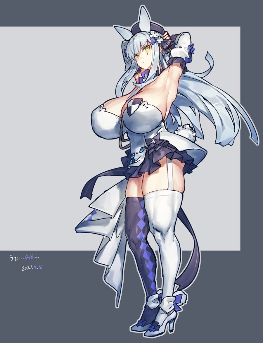 alternate costume, armpits, arms up, blue hair, breasts, bunny ears, bunny girl, face markings, female, girls' frontline, green eyes, high heels, hk416 (girls' frontline), huge breasts, large breasts, long hair, looking at viewer, melon22, muscular, muscular female, short dress, skirt, thick thighs, thighhighs