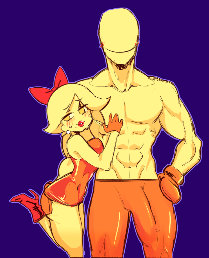 1boy 1girls anthro anthrofied bare_shoulders bigger_male blue_background blush bow breasts bulge canon_couple earrings faceless faceless_male female high_heels huge_bulge humanoid husband_and_wife lipstick looking_away minidress ms._pac-man muscular muscular_male pac-man pac-man_(series) penis_bulge short_lady simple_background smaller_female tagme topless video_games void_dot_exe yellow_body yellow_skin