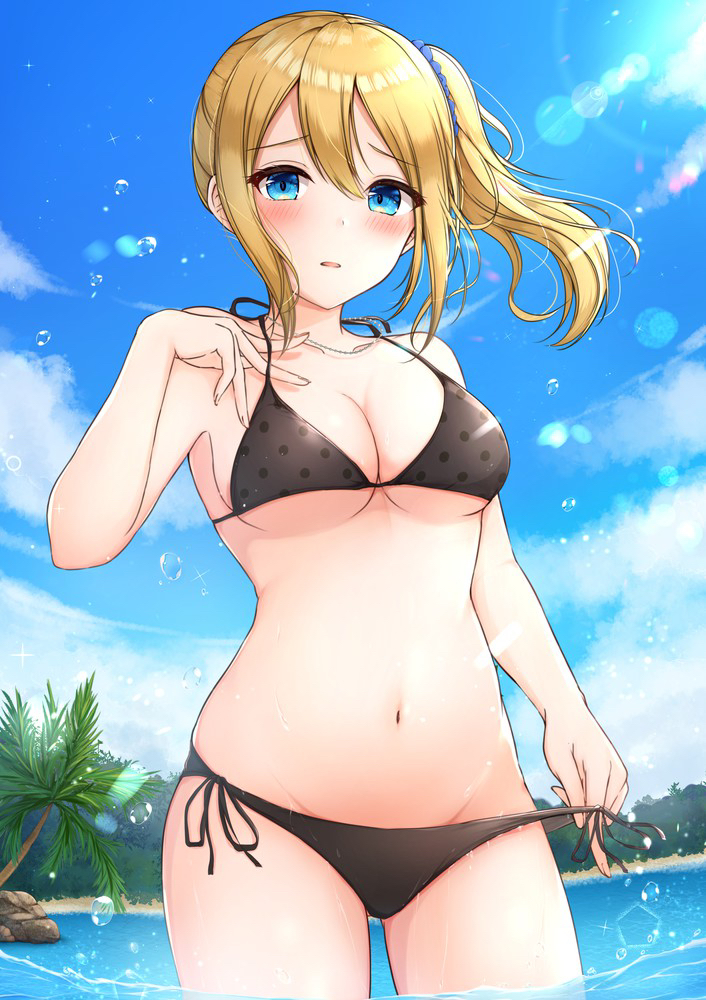 beach belly bikini bikini_bottom bikini_top black_bikini black_bikini_bottom black_bikini_top blonde_hair blue_eyes blush breasts cleavage collarbone eyebrows eyebrows_visible_through_hair female female female_focus female_only hayasaka_ai kaguya-sama_wa_kokurasetai_~tensai-tachi_no_renai_zunousen~ looking_at_viewer medium_breasts navel ocean ponytail side_ponytail solo solo_female solo_focus stomach thighs waist water yukiunag1