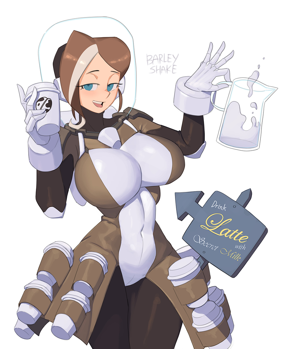 1girls, 2021, barleyshake, big breasts, blue eyes, breasts, brown hair, female, huge breasts, linnette (barleyshake), solo, solo female, spacesuit, tagme, thick, tight clothing