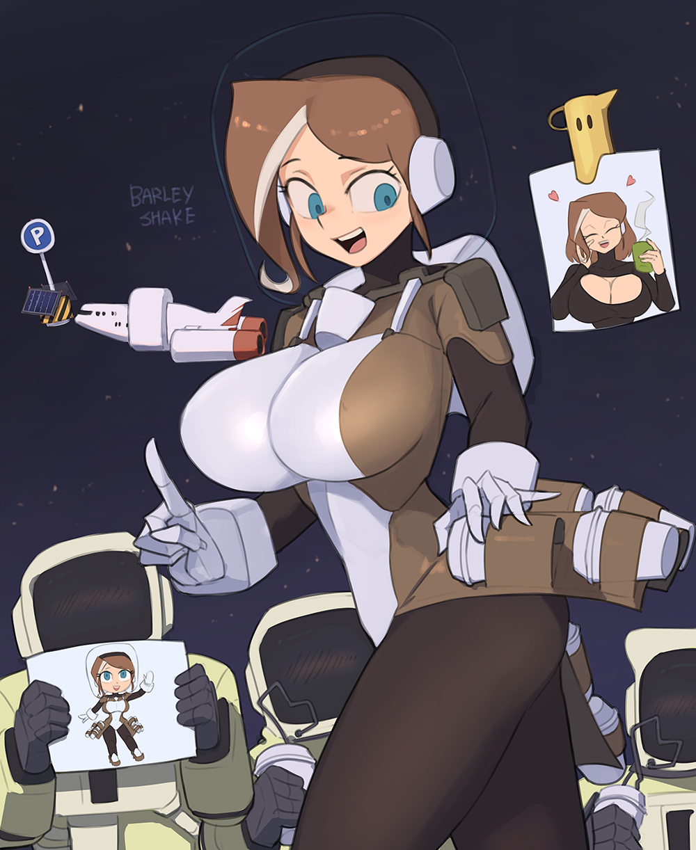 1girls, 2021, barleyshake, big breasts, blue eyes, breasts, brown hair, female, linnette (barleyshake), original, original character, spacesuit, tagme, thick, thighs, tight clothing