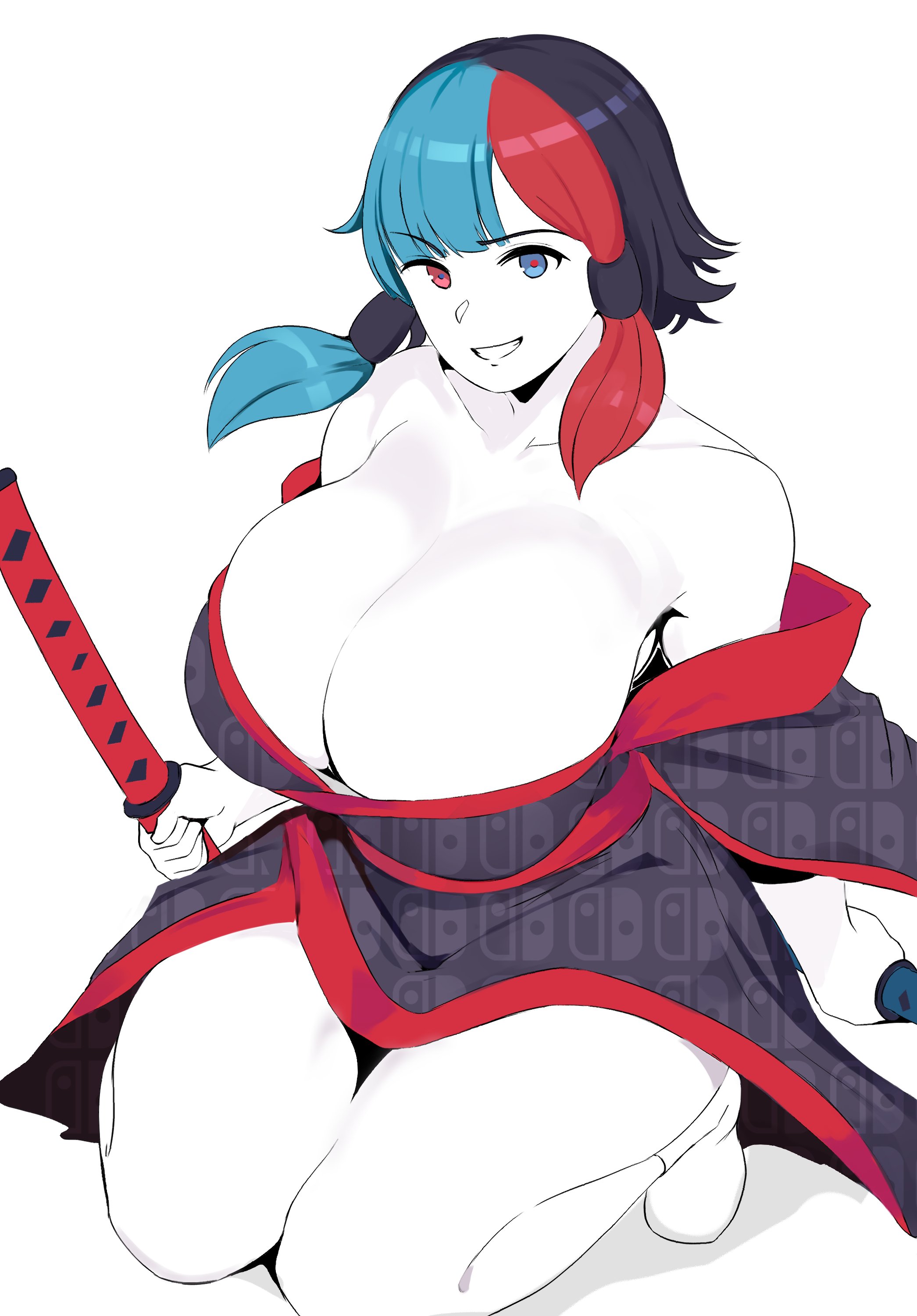1girls, bare shoulders, cleavage, collarbone, commission, different eye color, female, female focus, female only, heterochromia, humanized, japanese clothes, kneeling, light skin, light-skinned female, multicolored hair, nintendo, nintendo switch, on knees, original character, pale skin, pale-skinned female, personification, setawar (coco), solo, solo female, solo focus, sword, thick thighs, twintails, white skin