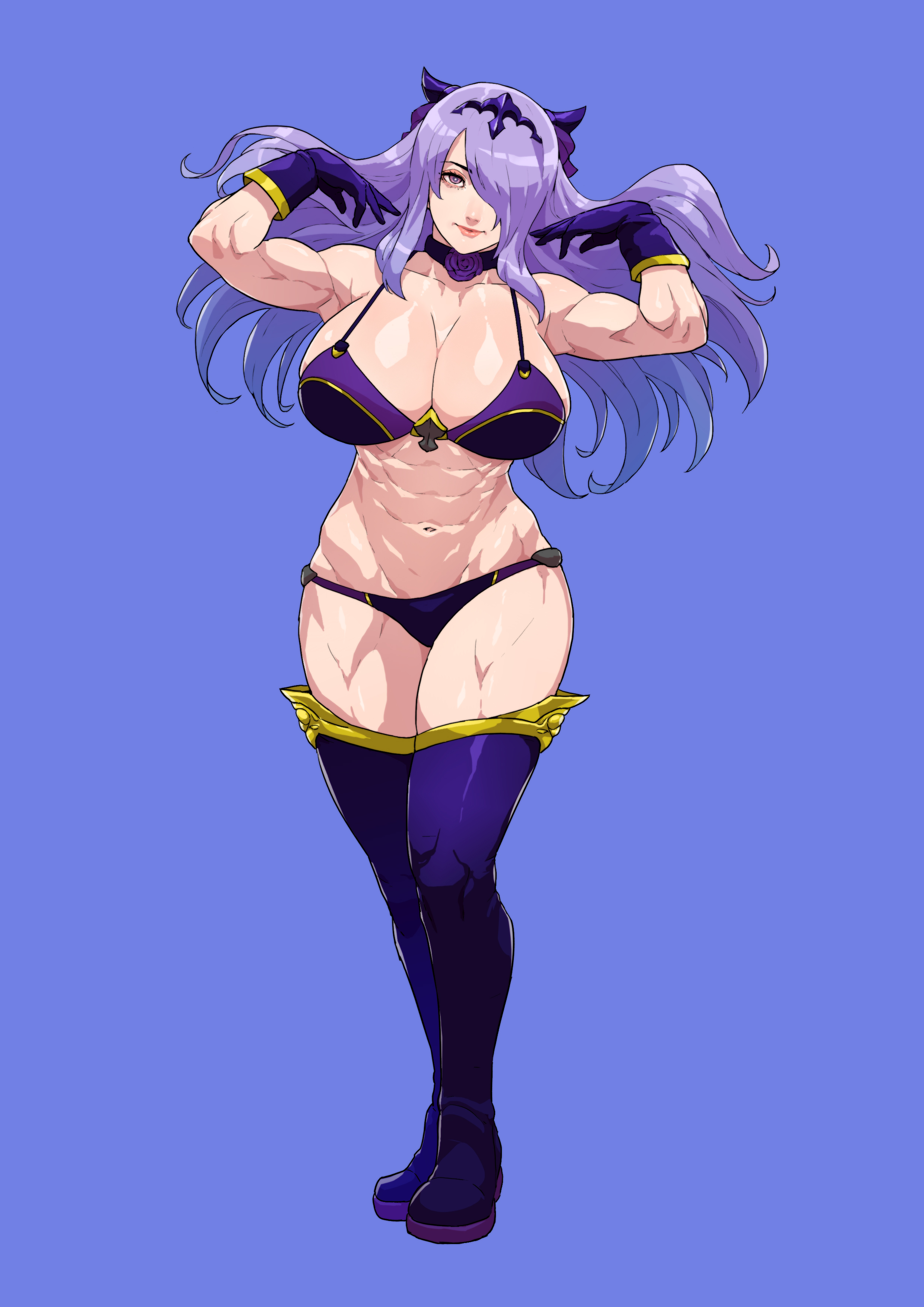 1girls, abs, absurdres, big breasts, blue background, breasts, camilla (fire emblem), choker, cirenk, cleavage, female, female only, fire emblem, fire emblem fates, fit, fit female, gloves, hair covering eye, hair over one eye, highres, horns, huge breasts, large breasts, long hair, looking at viewer, muscular, muscular female, muscular thighs, nintendo, panties, purple eyes, purple hair, purple panties, simple background, solo, solo female, thick thighs, thighhighs, toned, toned female, underwear