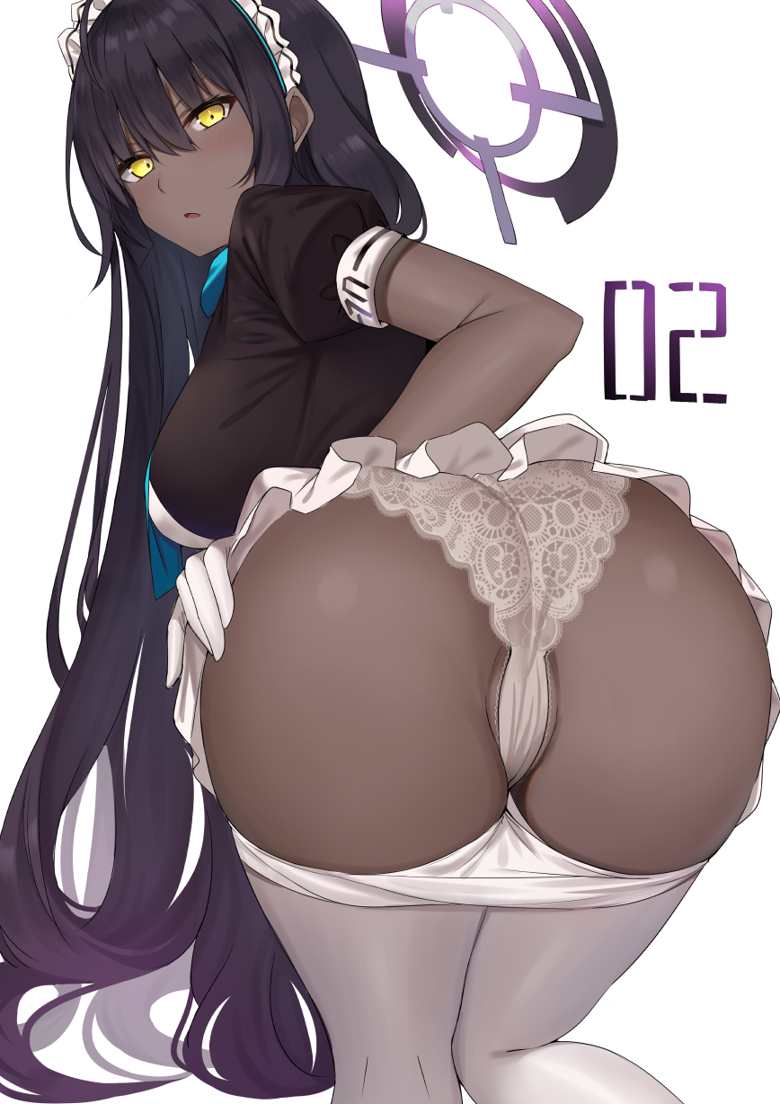 1girls ass ass_focus blue_archive breasts cleaning_&_clearing_(blue_archive) dark-skinned_female dark_skin eyebrows female female_focus female_only gloves hair_between_eyes kanikou karin_(blue_archive) kneeling kneepits lace lace-trimmed_panties legwear long_hair looking_at_viewer maid maid_headdress millennium_science_school_student on_knees open_mouth simple_background solo solo_female solo_focus thecoh very_long_hair white_background white_gloves white_headdress white_legwear white_panties yellow_eyes