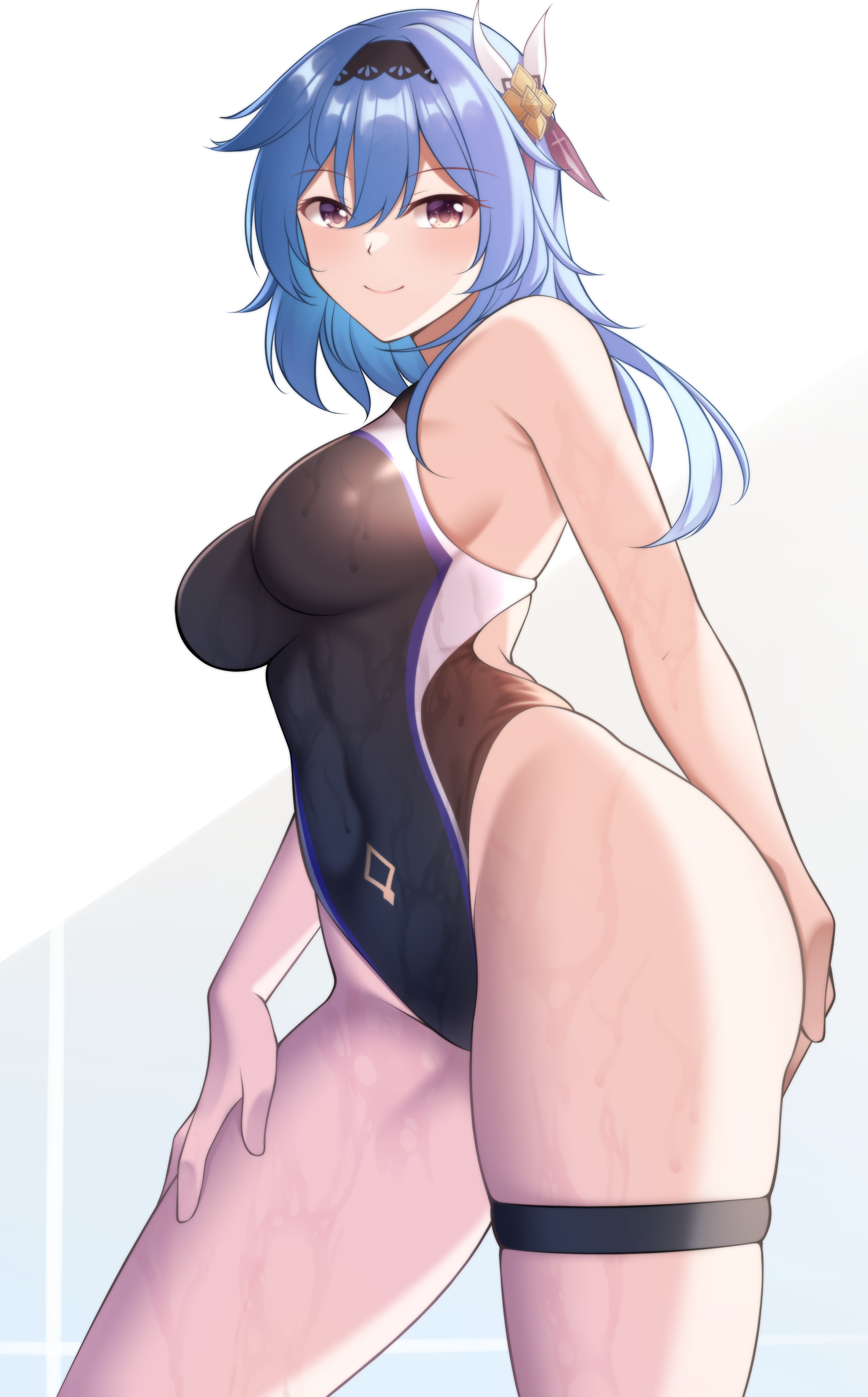 1girls, ass, big ass, big breasts, blue hair, blush, breasts, competition swimsuit, eula (genshin impact), female, female only, genshin impact, guardian-panda, hand on ass, hi res, highleg, horny, huge ass, large breasts, light-skinned female, looking at viewer, one-piece swimsuit, sideboob, skintight, smile, solo, swimsuit, thick thighs, thighs, wet, wide hips